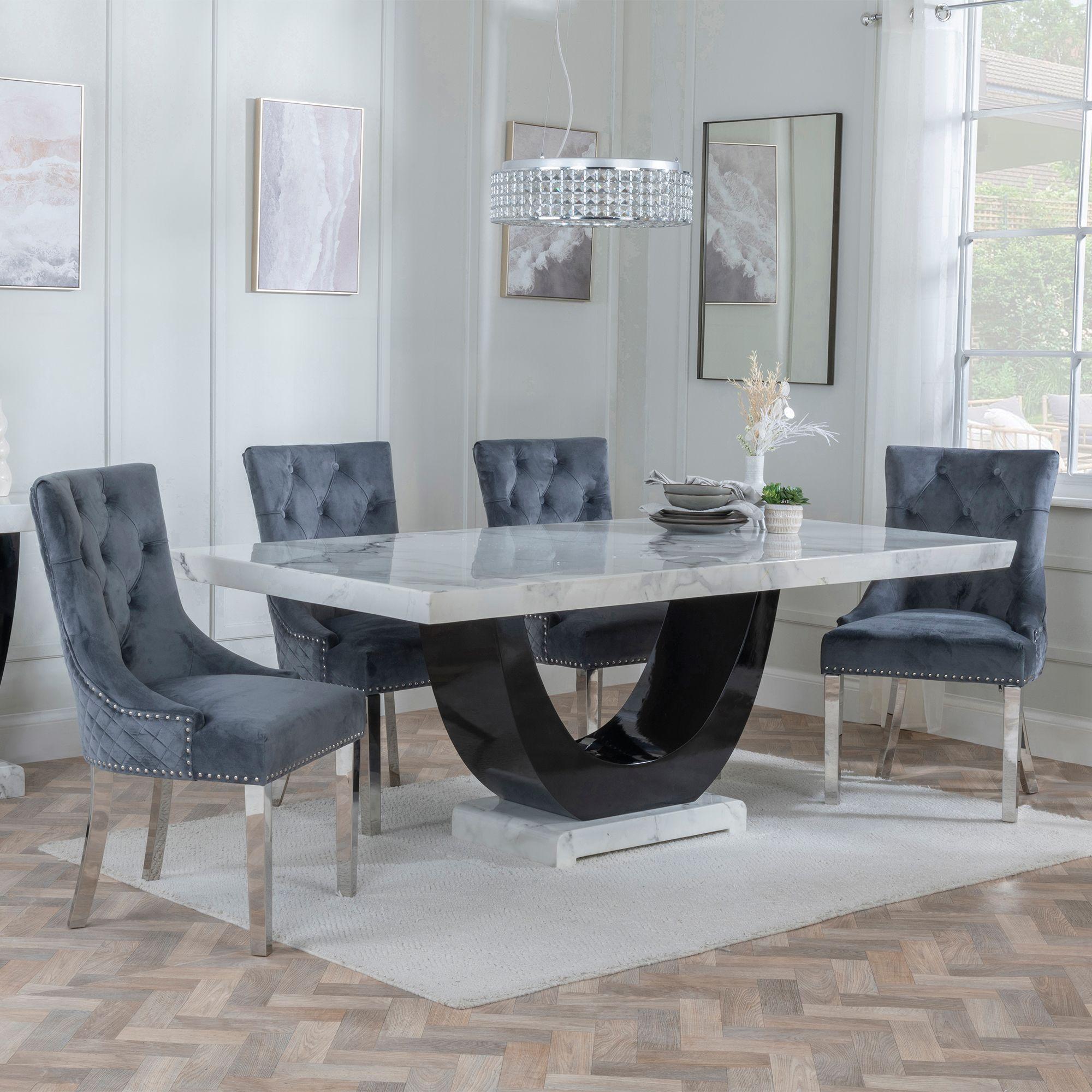 Madrid White Marble Dining Set - Lion Knocker Back Grey Velvet Fabric Dining Chair with Chrome Legs