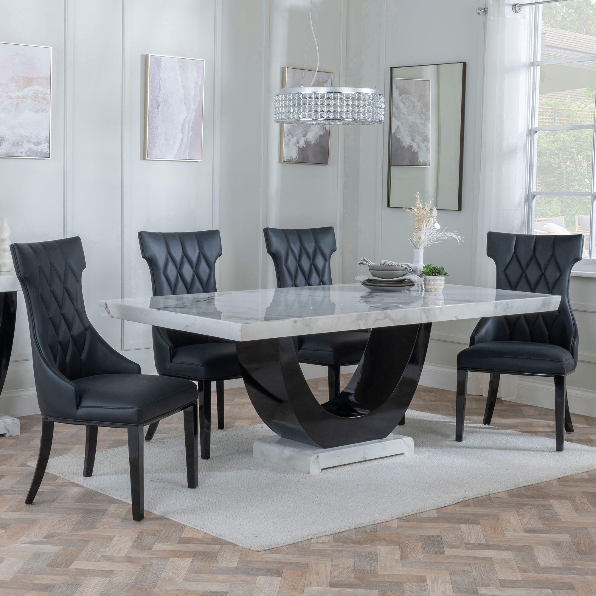 Madrid White Marble Dining Set - Mimi Black Leather Dining Chair