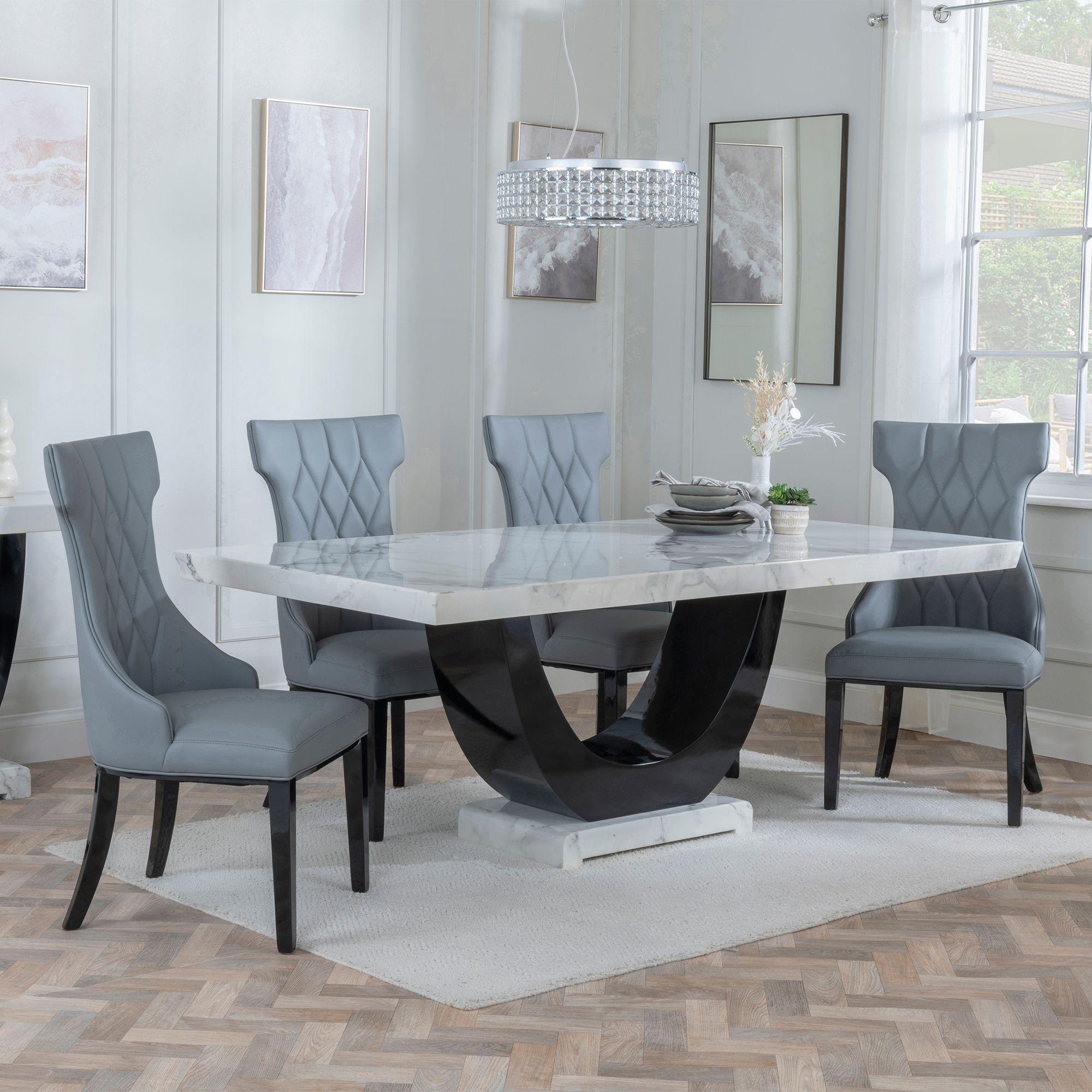 Madrid White Marble Dining Set - Mimi Grey Leather Dining Chair