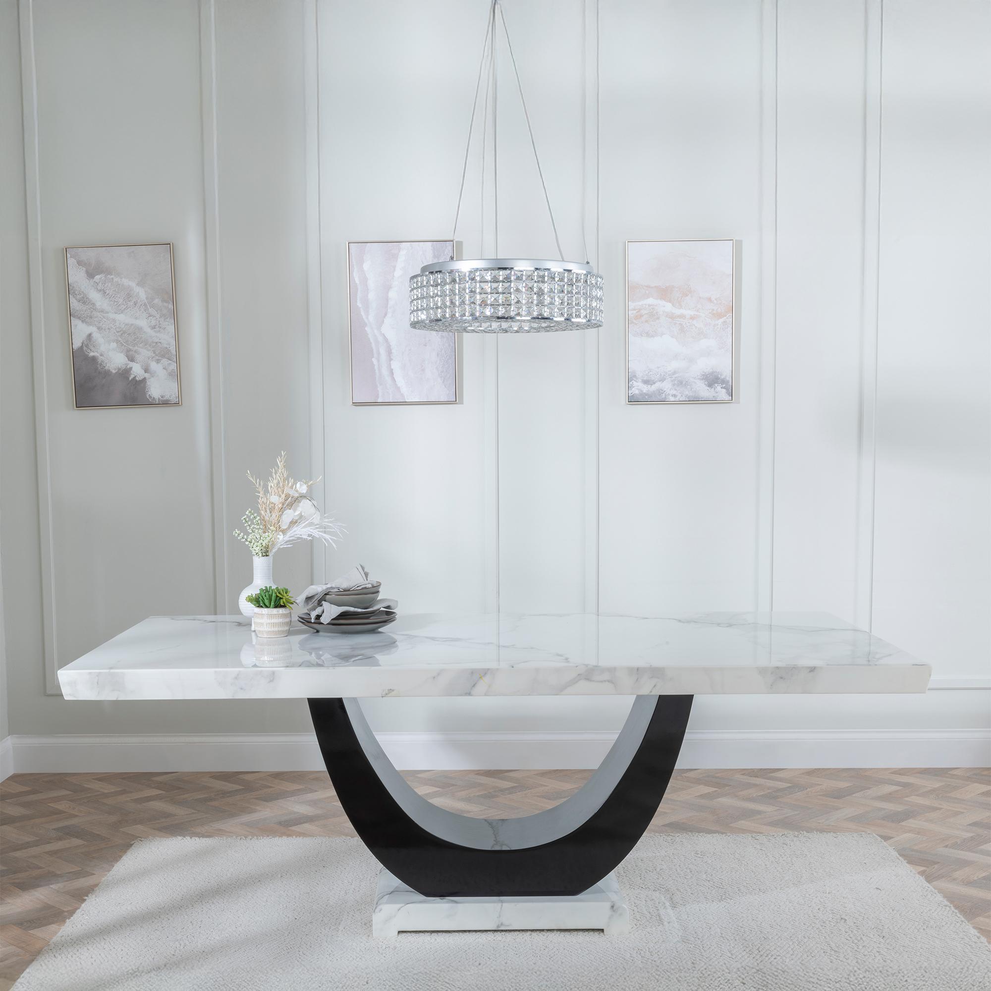 Madrid Dining Set - 6-8 Seater - 160cm-180cm - White Marble - Paris Dining Chairs - Brown Leather - Brown Legs