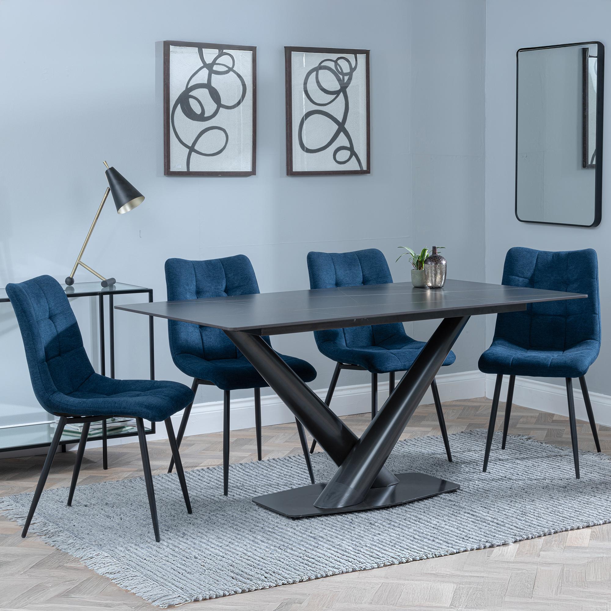 Maldon Black Ceramic Dining Set - Corona Blue Fabric Dining Chair