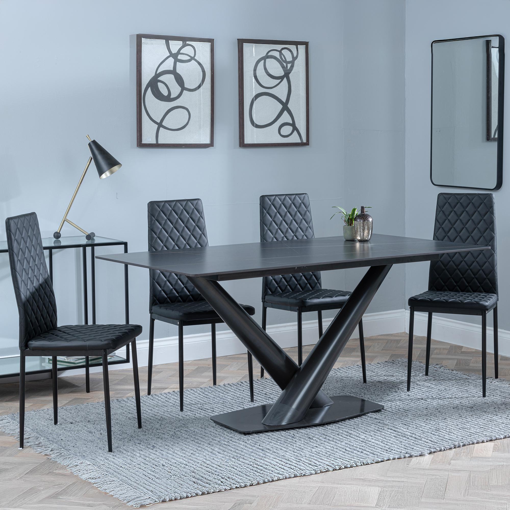 Maldon Black Ceramic Dining Set - Metro Black Leather Dining Chair with Black Legs