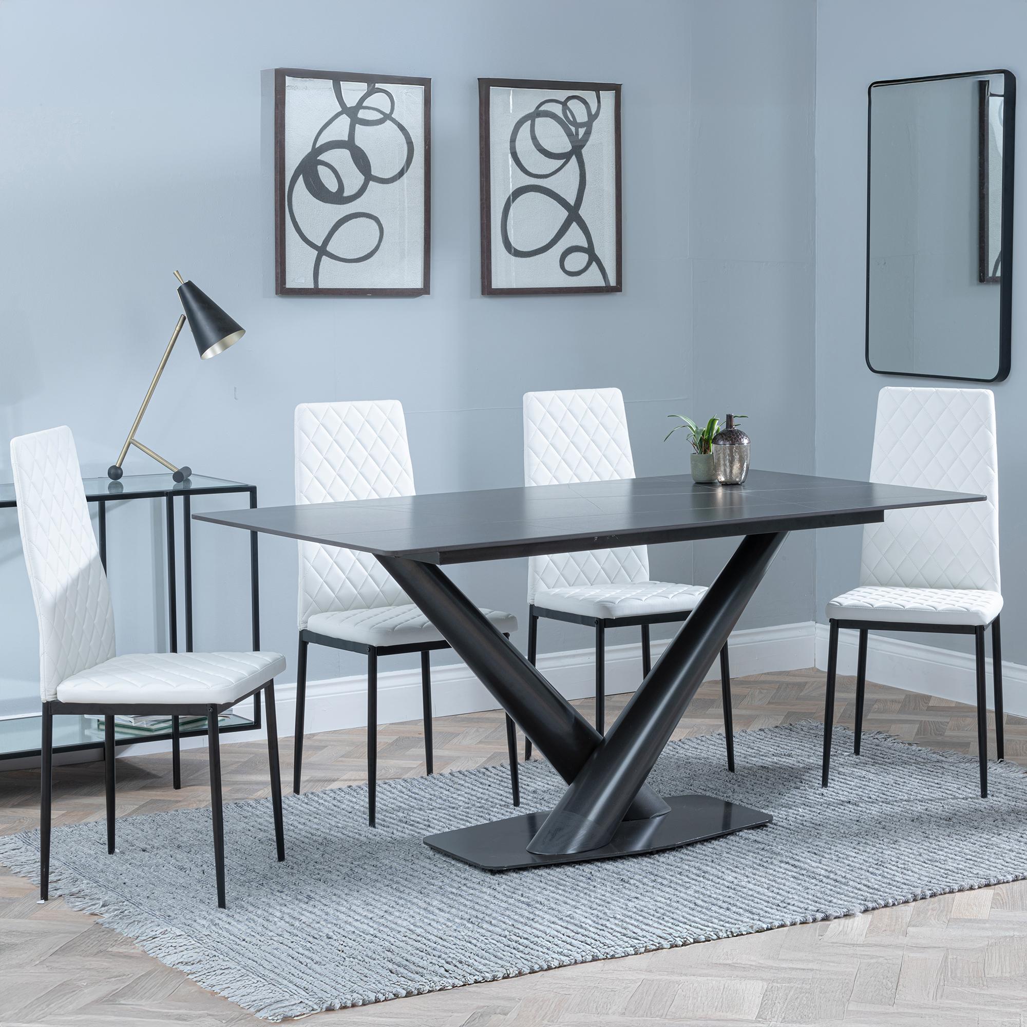 Maldon Black Ceramic Dining Set - Metro White Leather Dining Chair with Black Legs