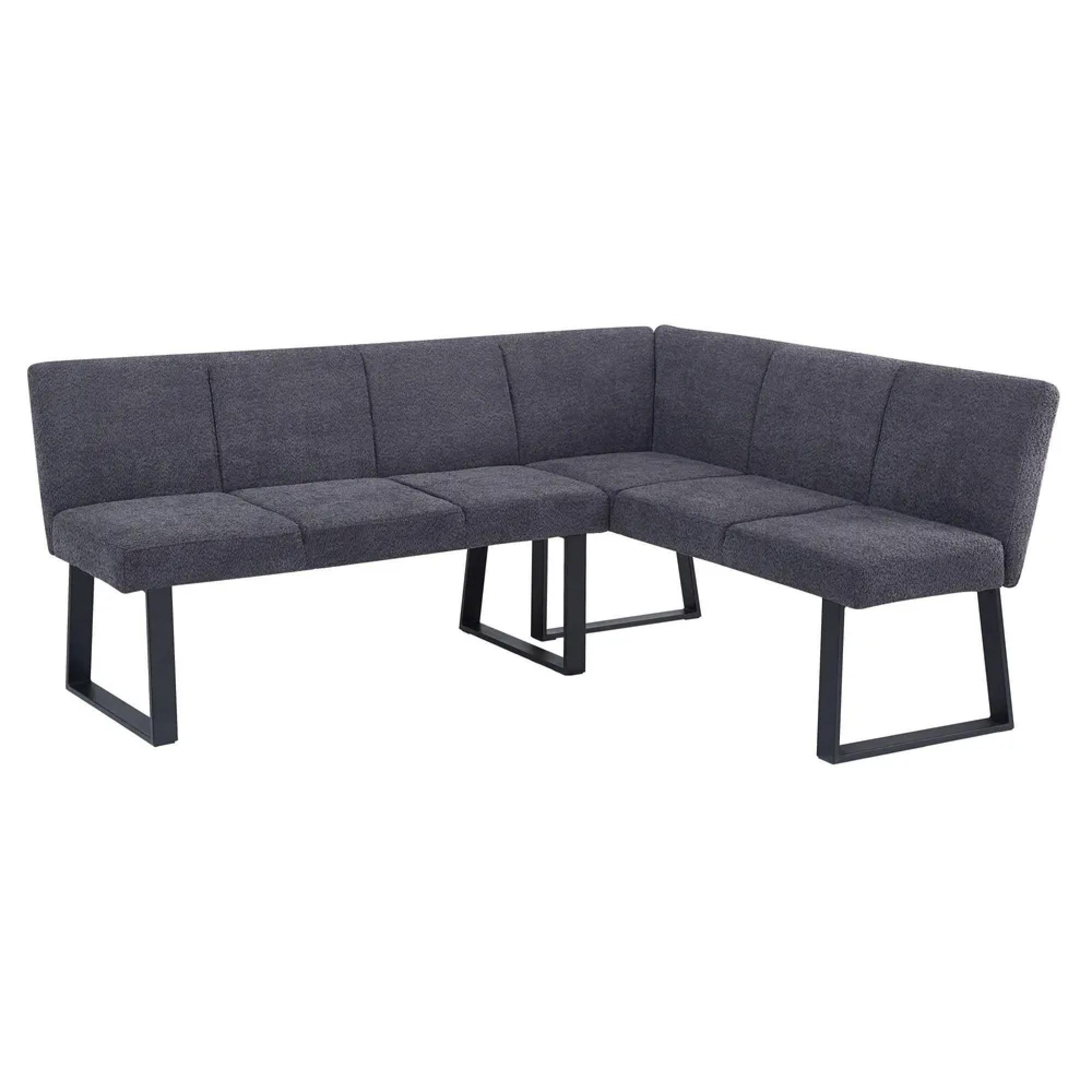 Maldon Dining Set - 6 Seater - 160cm - Grey Ceramic - Bronx Dark Grey Fabric - RHF Corner Bench + Low Bench + Chair