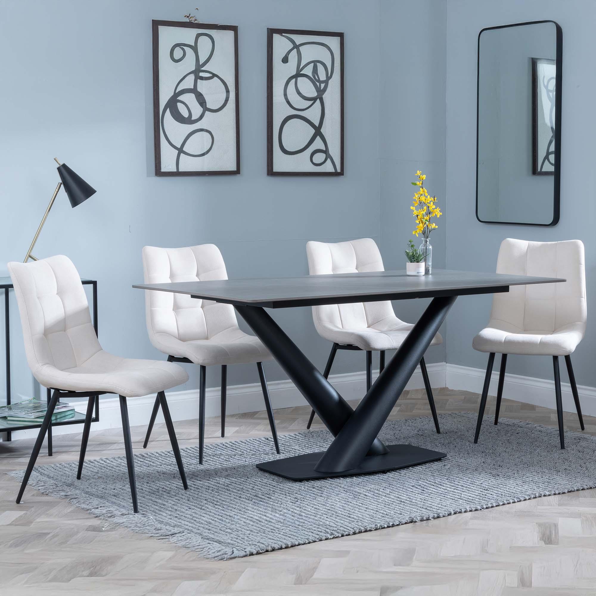 Maldon Grey Ceramic Dining Set - Corona Beige Fabric Dining Chair