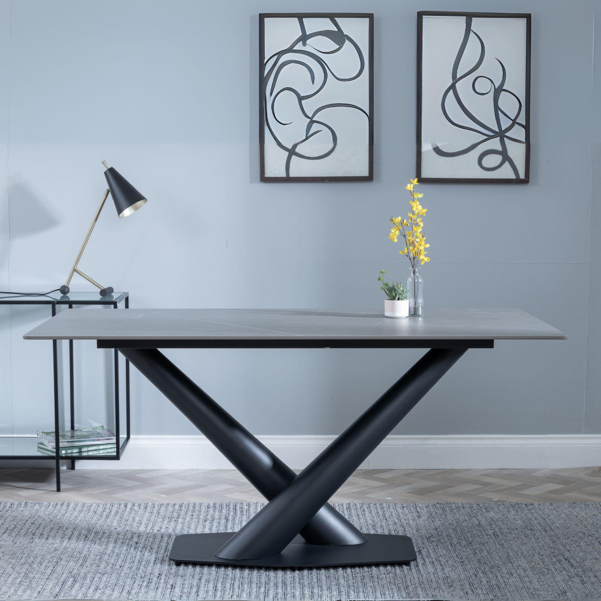Maldon Dining Set - 6 Seater - 160cm - Grey Ceramic - Corona Dining Chairs - Grey Fabric