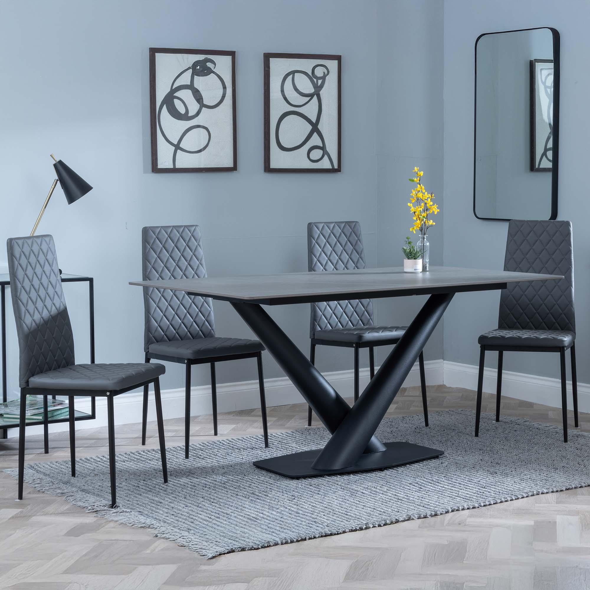 Maldon Grey Ceramic Dining Set - Metro Grey Leather Dining Chair with Black Legs