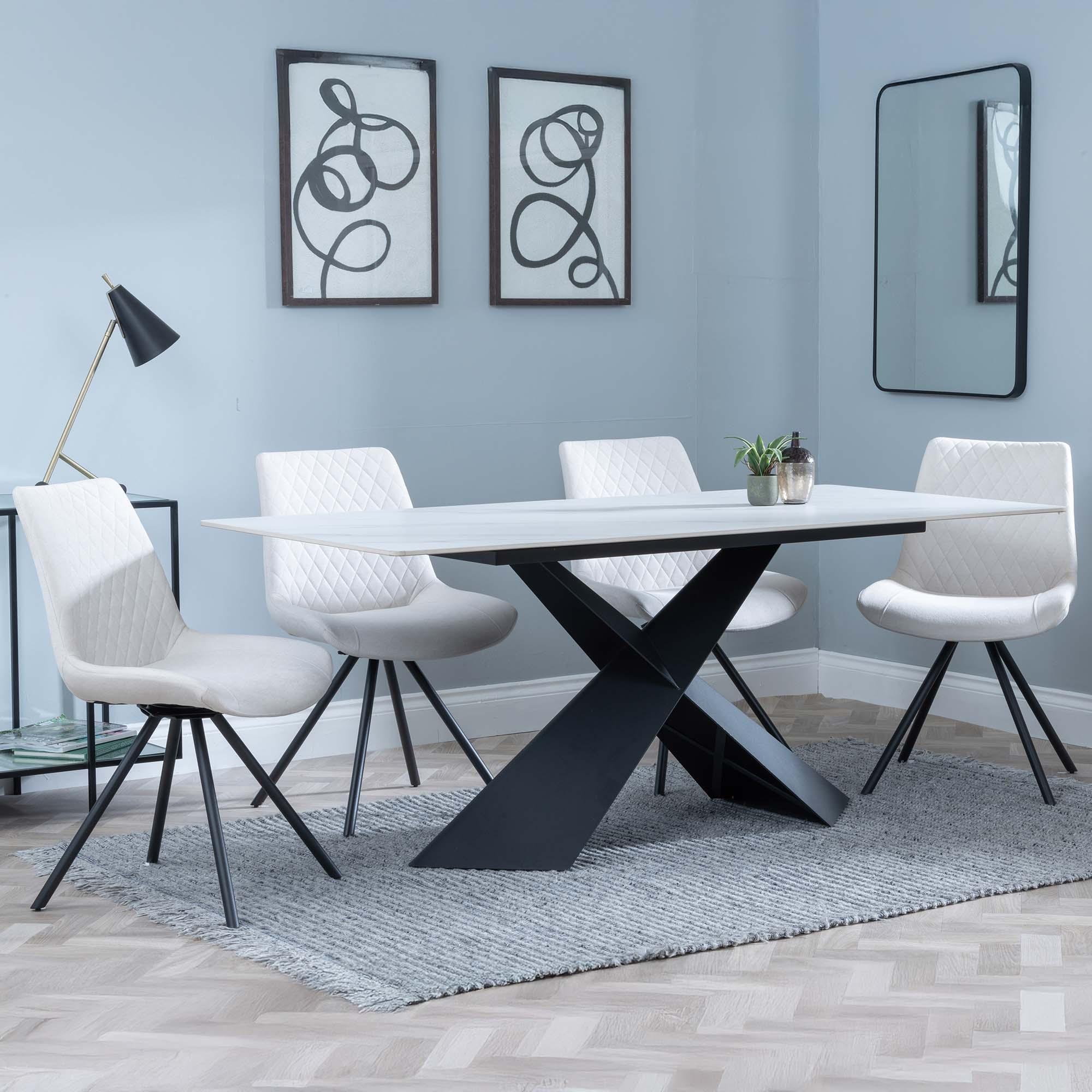 Merlin White Ceramic Dining Set - Boden Cream Fabric Swivel Dining Chair