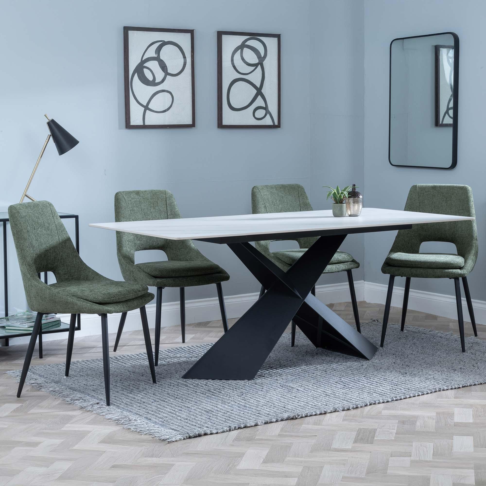 Merlin White Ceramic Dining Set - Peyton Green Fabric Dining Chair