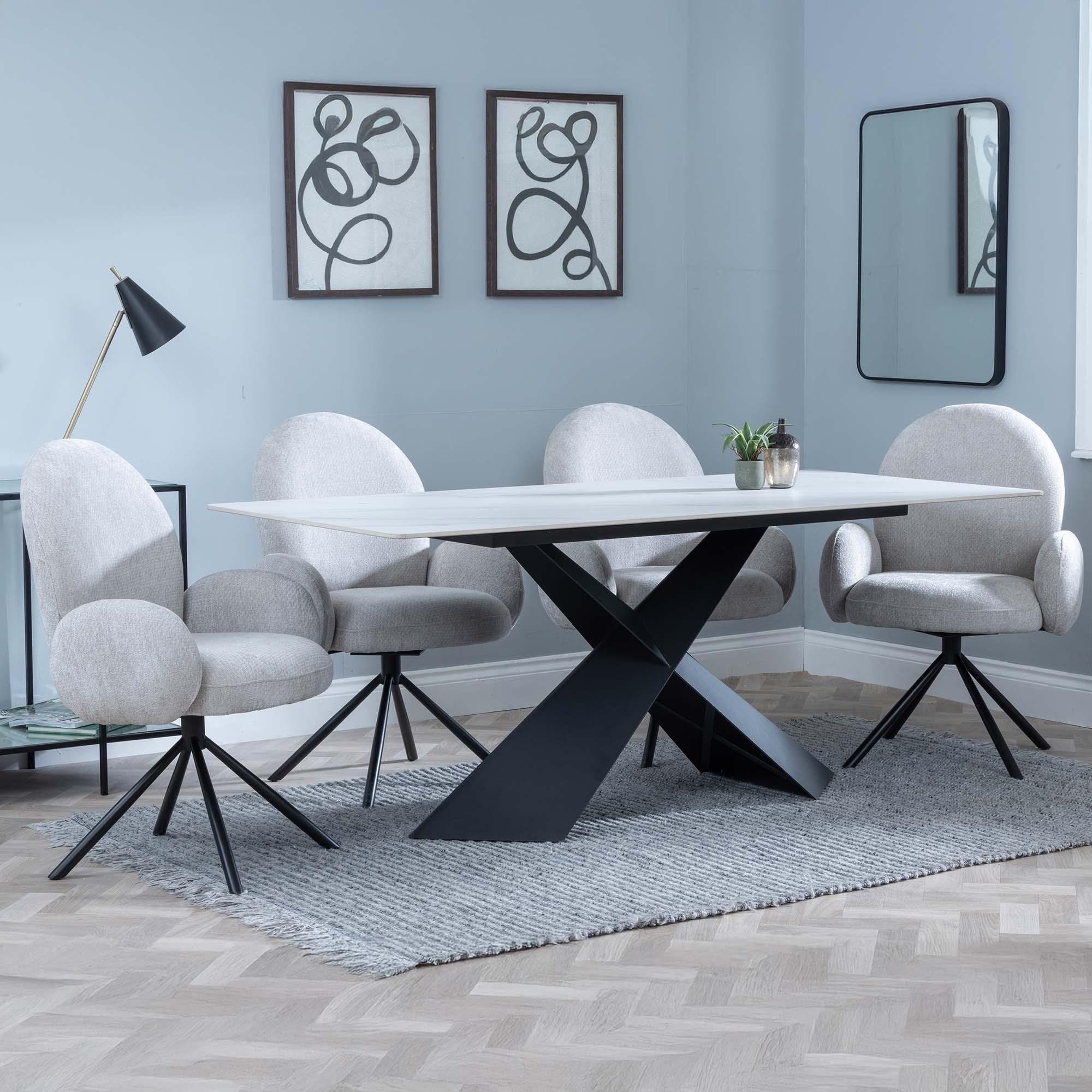 Merlin White Ceramic Dining Set - Theo Grey Fabric Swivel Dining Chair
