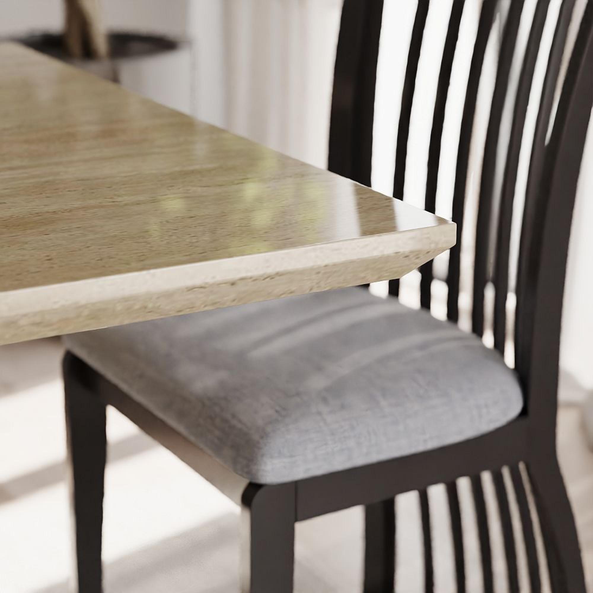Milan Dining Set - 6 Seater - 160cm - Travertine Beige Engineered Marble - Athena Dining Chairs - Black High Gloss - Slatted Back - Grey Seat Pads
