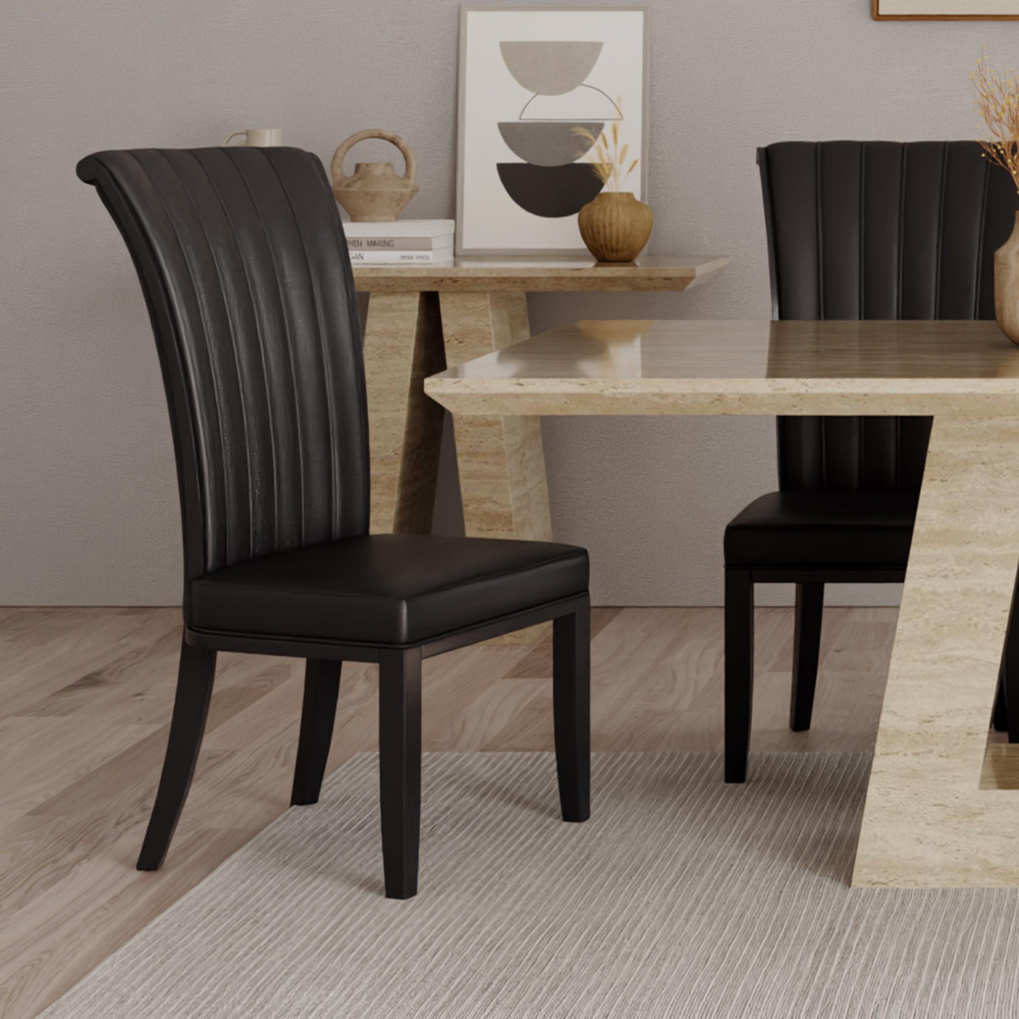 Milan Dining Set - 6 Seater - 160cm - Travertine Beige Engineered Marble - Cadiz Dining Chairs - Black Leather