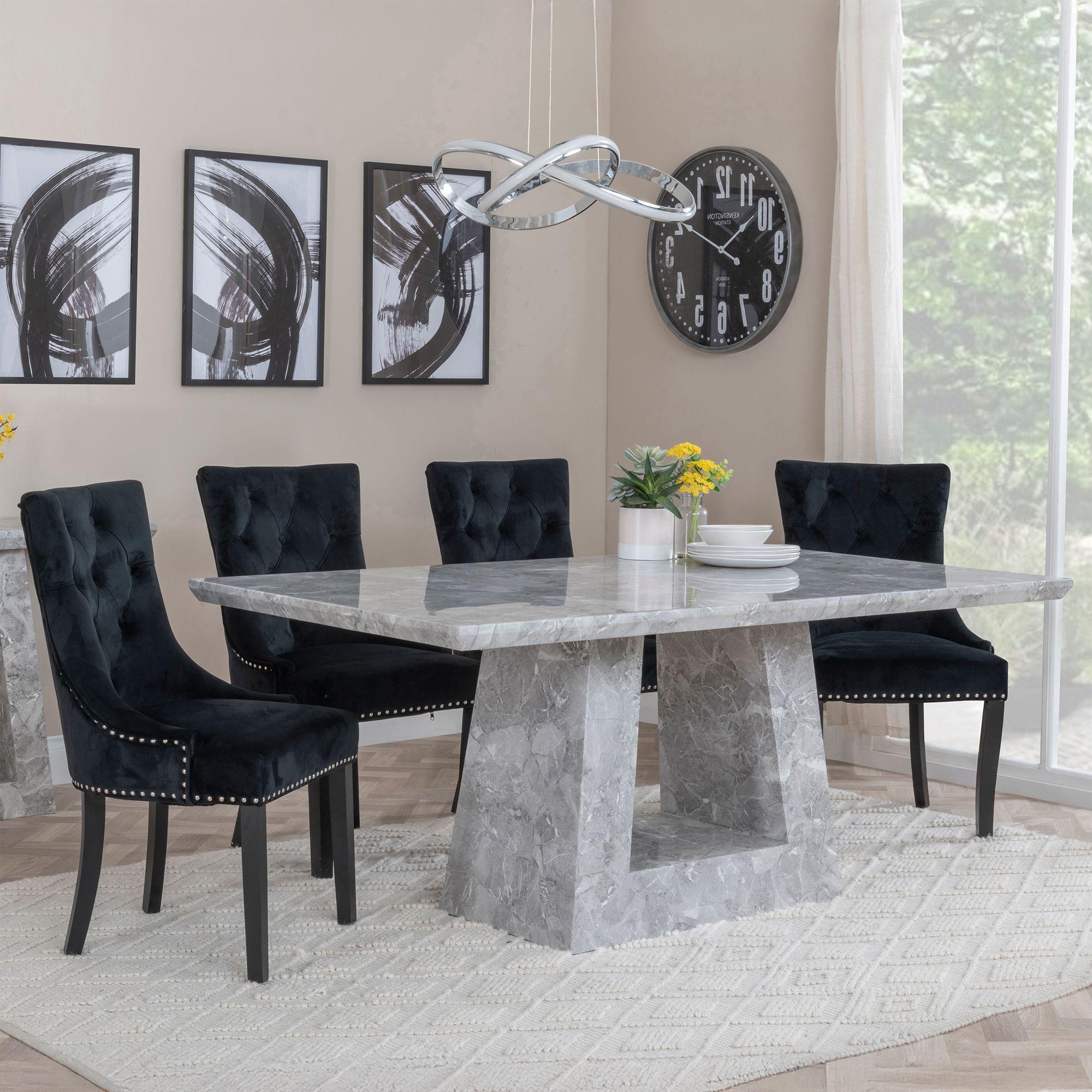 Milan Grey Marble Dining Set - Knocker Back Black Velvet Fabric Dining Chair with Black Wooden Legs
