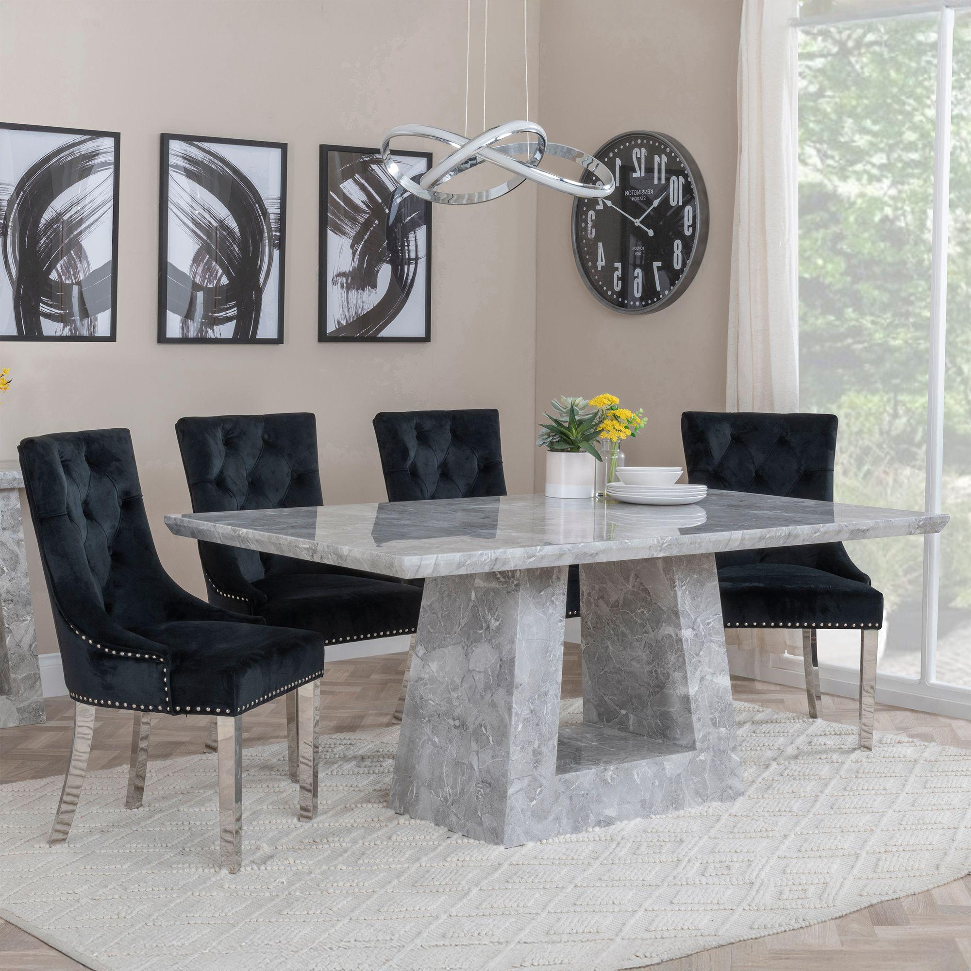 Milan Grey Marble Dining Set - Knocker Back Black Velvet Fabric Dining Chair with Chrome Legs