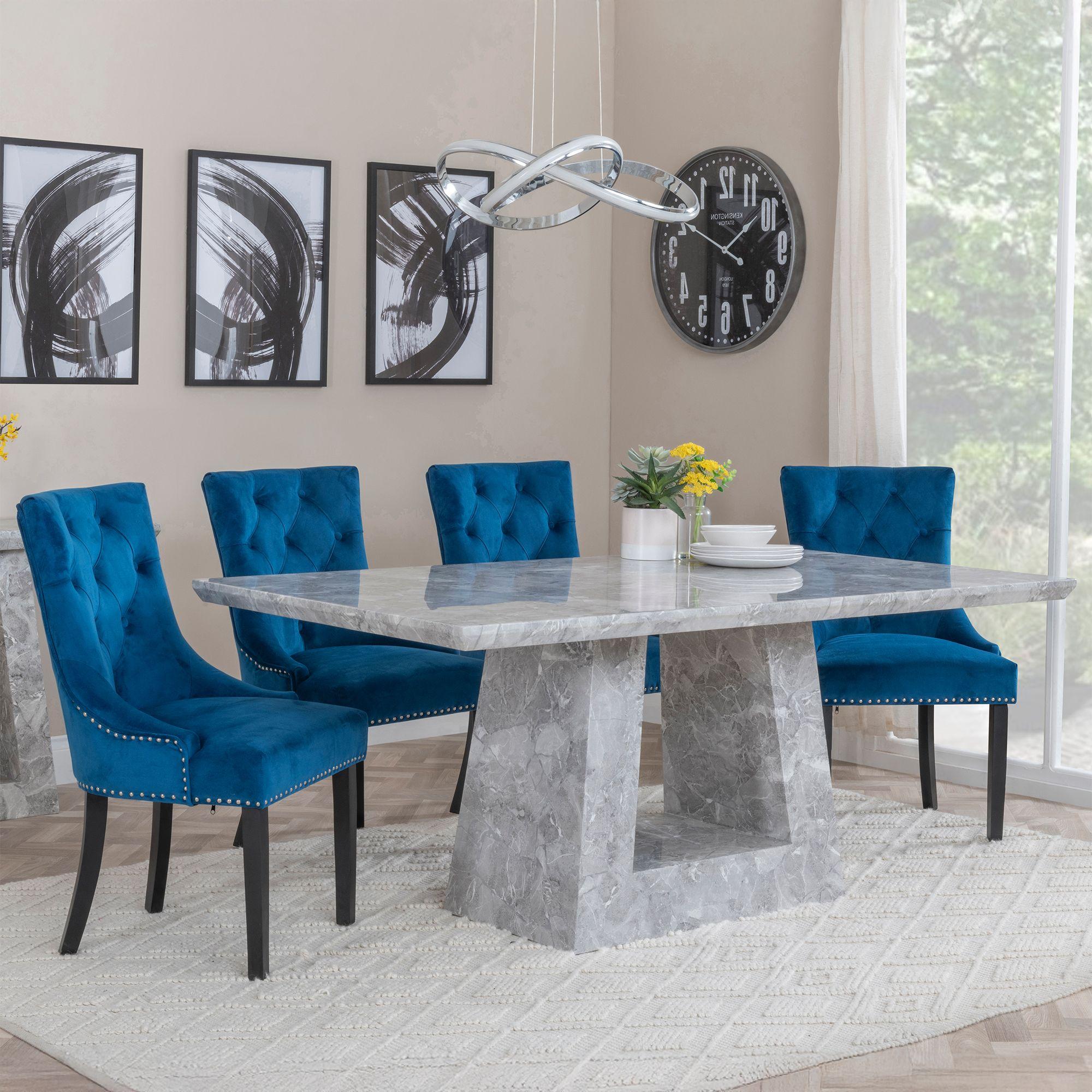 Milan Grey Marble Dining Set - Knocker Back Blue Velvet Fabric Dining Chair with Black Wooden Legs