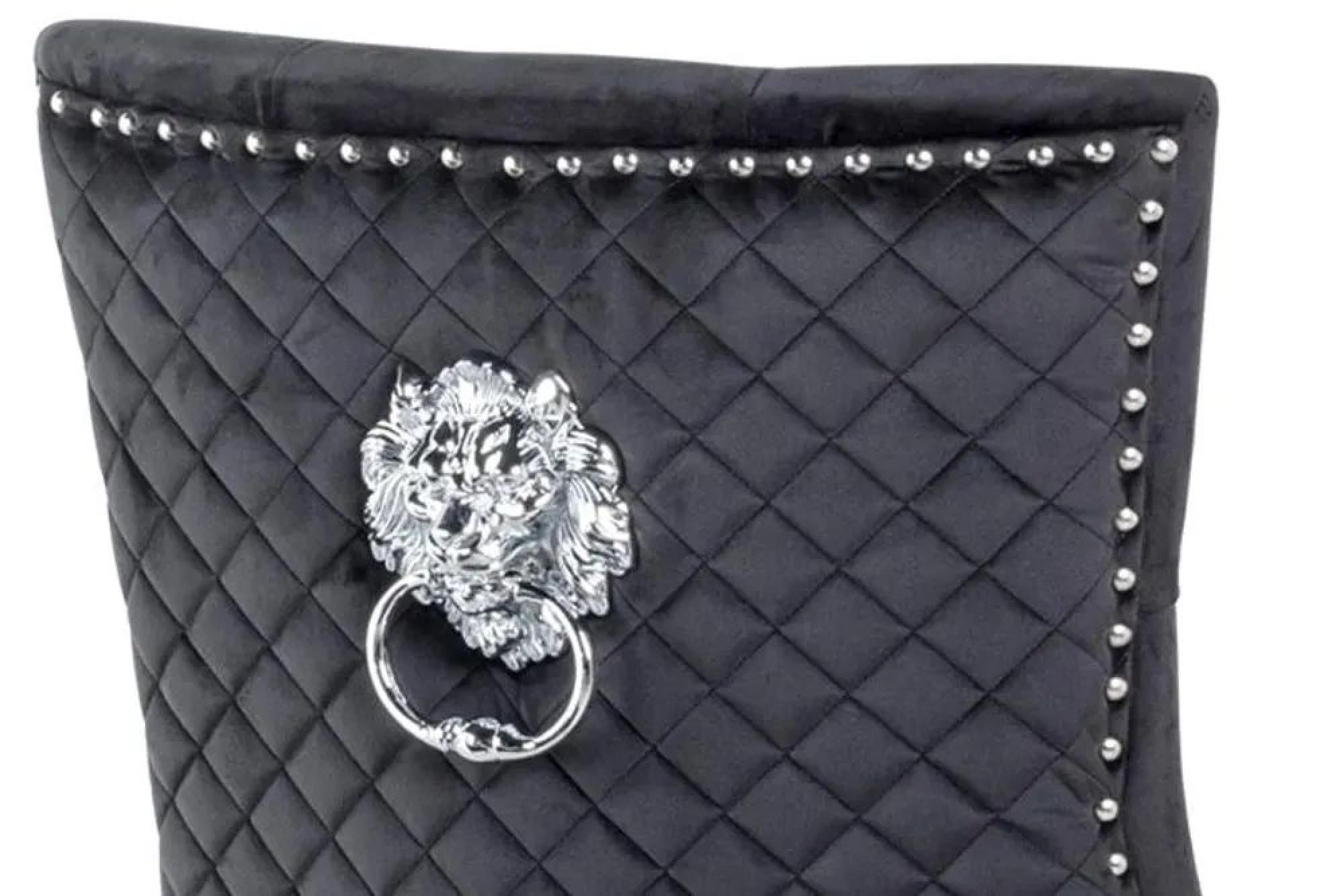 Milan Dining Set - 6 Seater - 160cm - Grey Marble - Lion Knocker Back Dining Chairs - Black Velvet Fabric - Black Wooden Legs