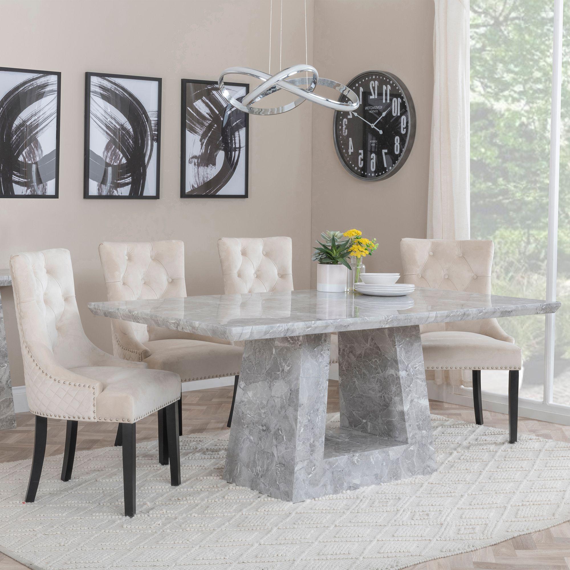 Milan Grey Marble Dining Set - Lion Knocker Back Champagne Velvet Fabric Dining Chair with Black Wooden Legs