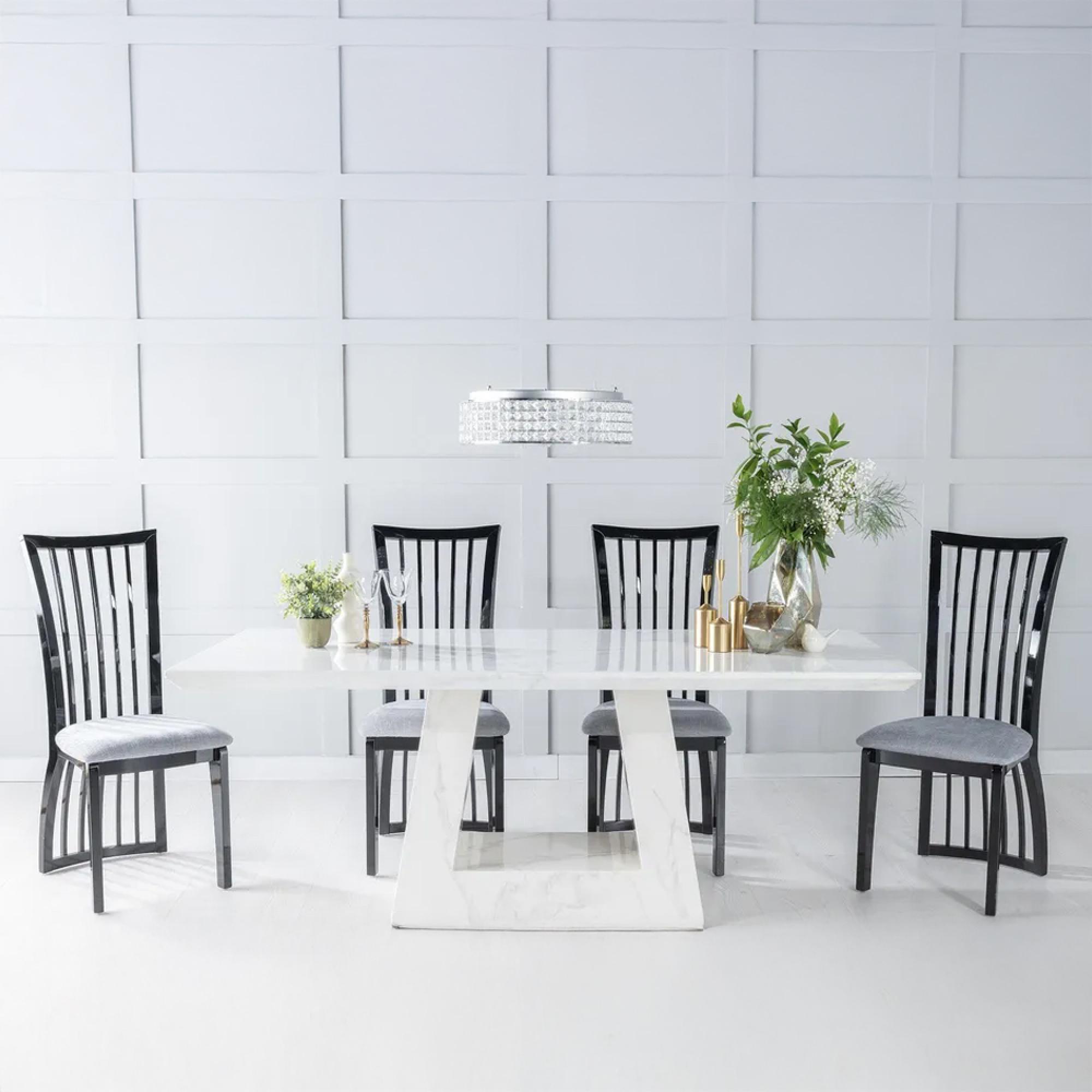 Milan White Marble Dining Set - Athena Black High Gloss Slatted Back Dining Chair with Grey Seat Pads