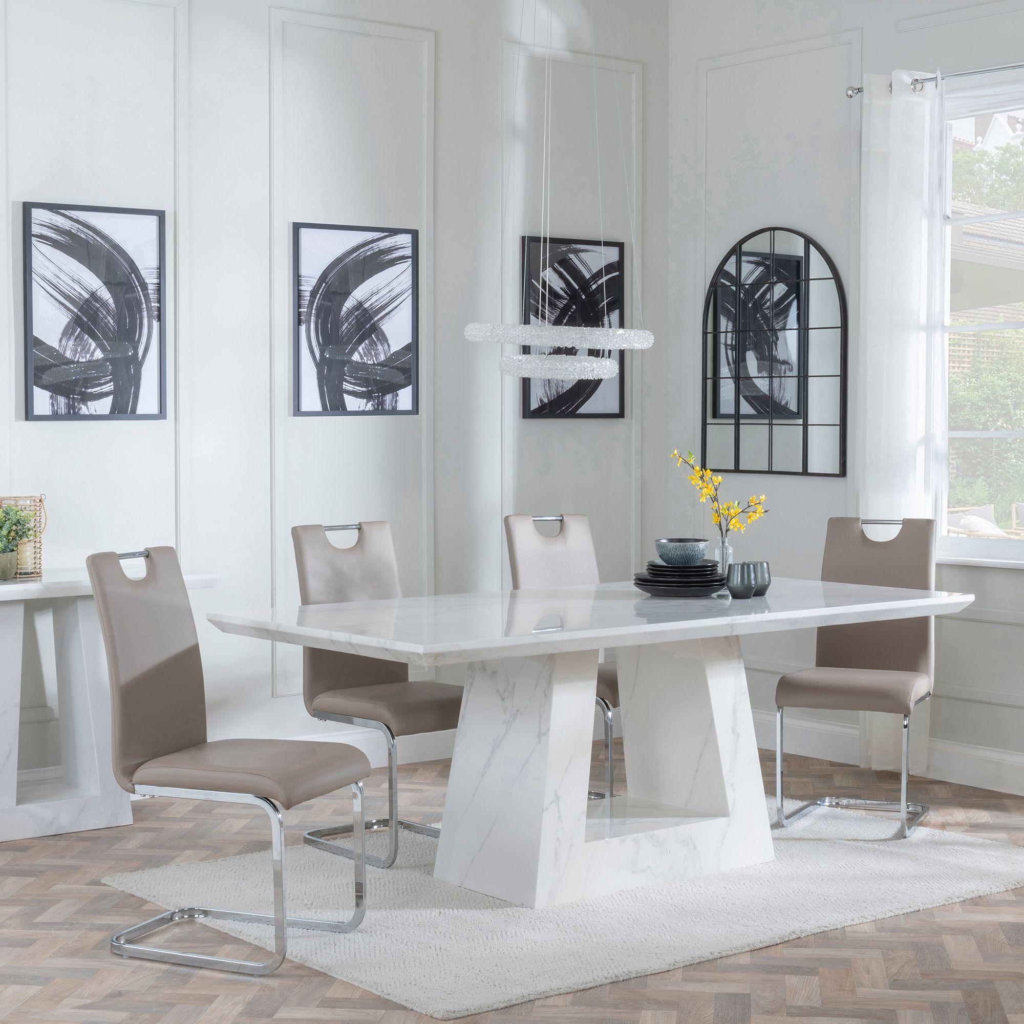 Milan White Marble Dining Set - Bianco Beige Faux Leather Dining Chair