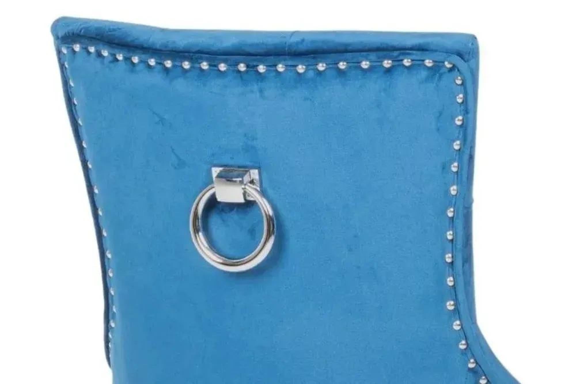 Milan Dining Set - 6 Seater - 160cm - White Marble - Knocker Back Dining Chairs - Blue Velvet Fabric - Black Wooden Legs