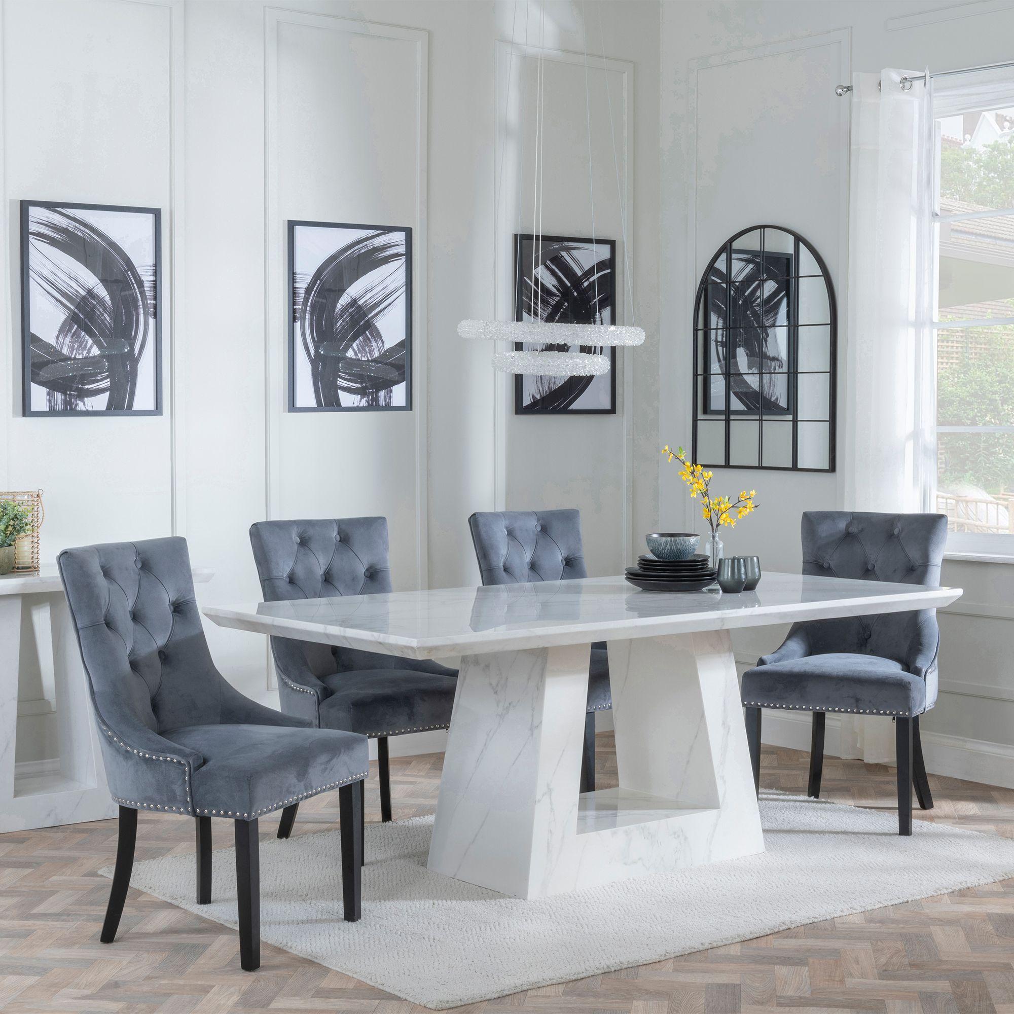 Milan White Marble Dining Set - Knocker Back Grey Velvet Fabric Dining Chair with Black Wooden Legs