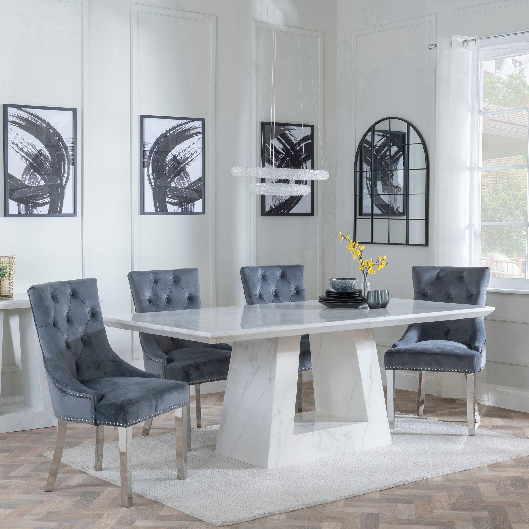 Milan White Marble Dining Set - Knocker Back Grey Velvet Fabric Dining Chair with Chrome Legs