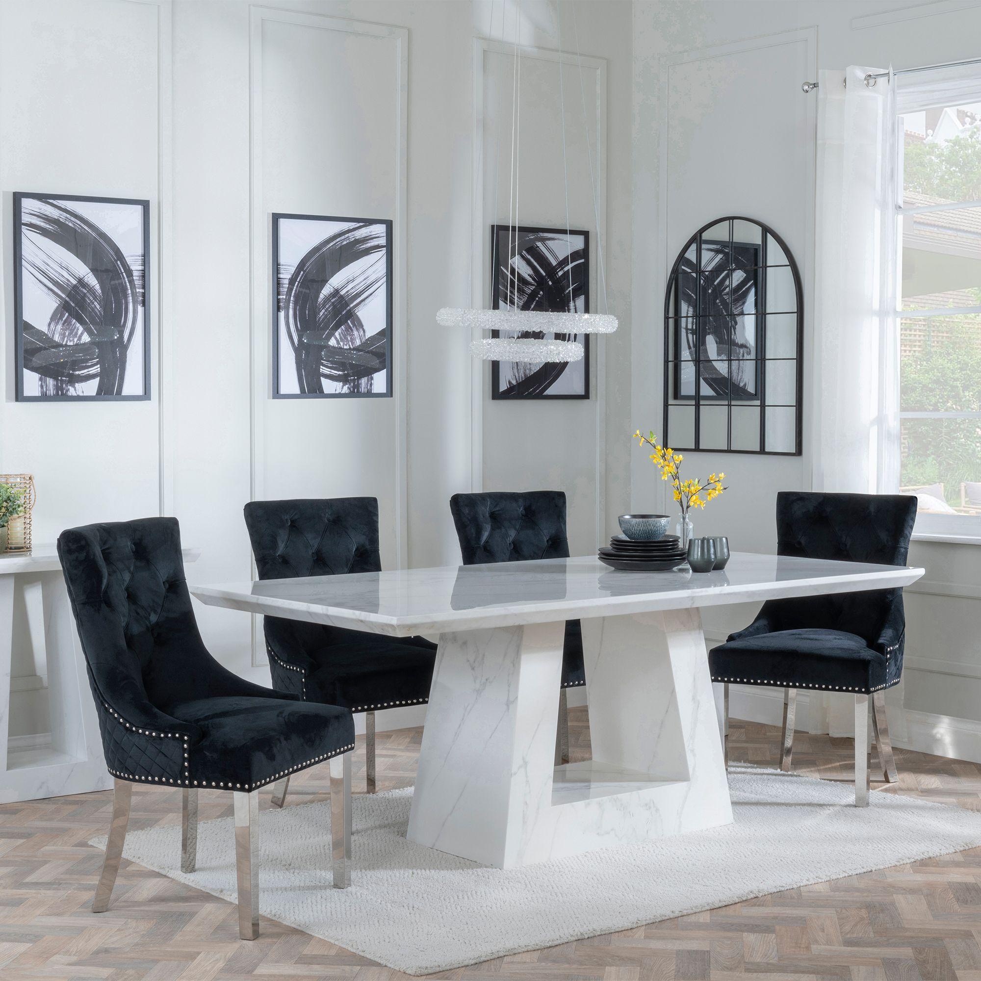 Milan White Marble Dining Set - Lion Knocker Back Black Velvet Fabric Dining Chair with Chrome Legs