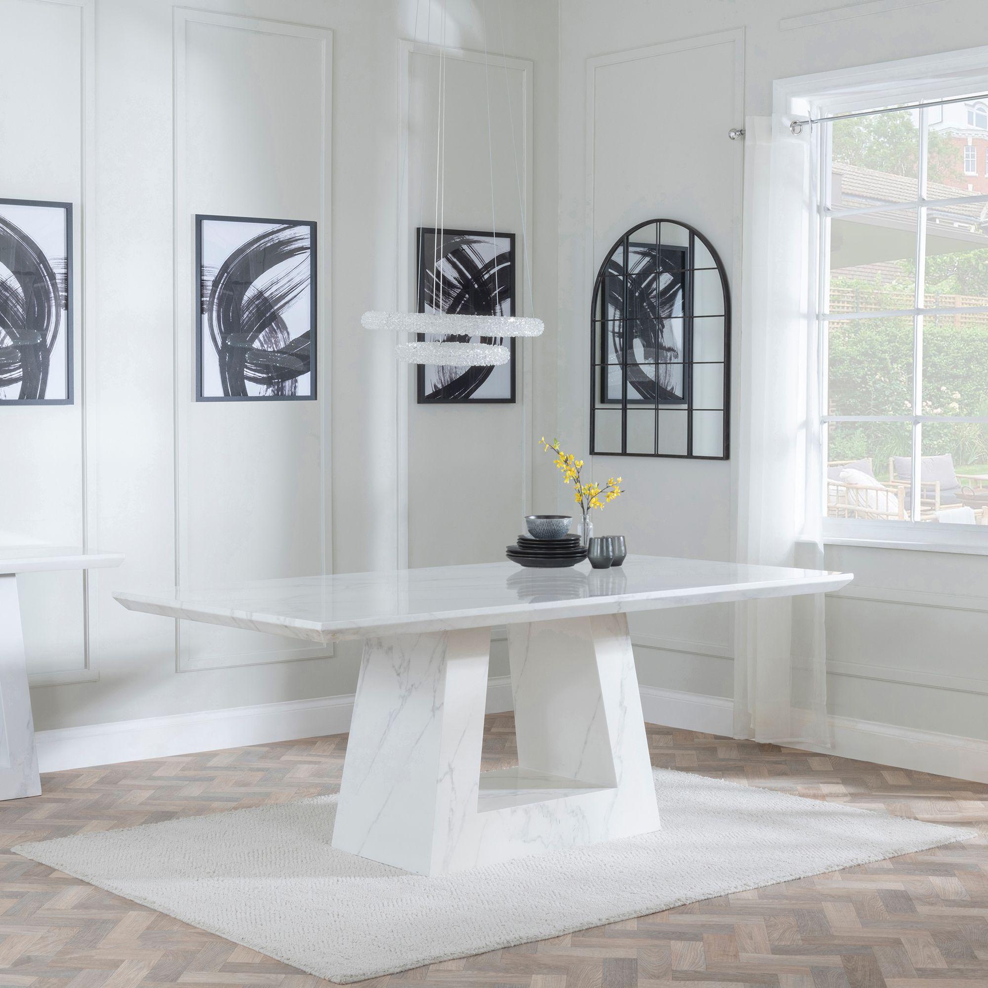 Milan Dining Set - 6 Seater - 160cm - White Marble - Roma Dining Chairs - Black Faux Leather