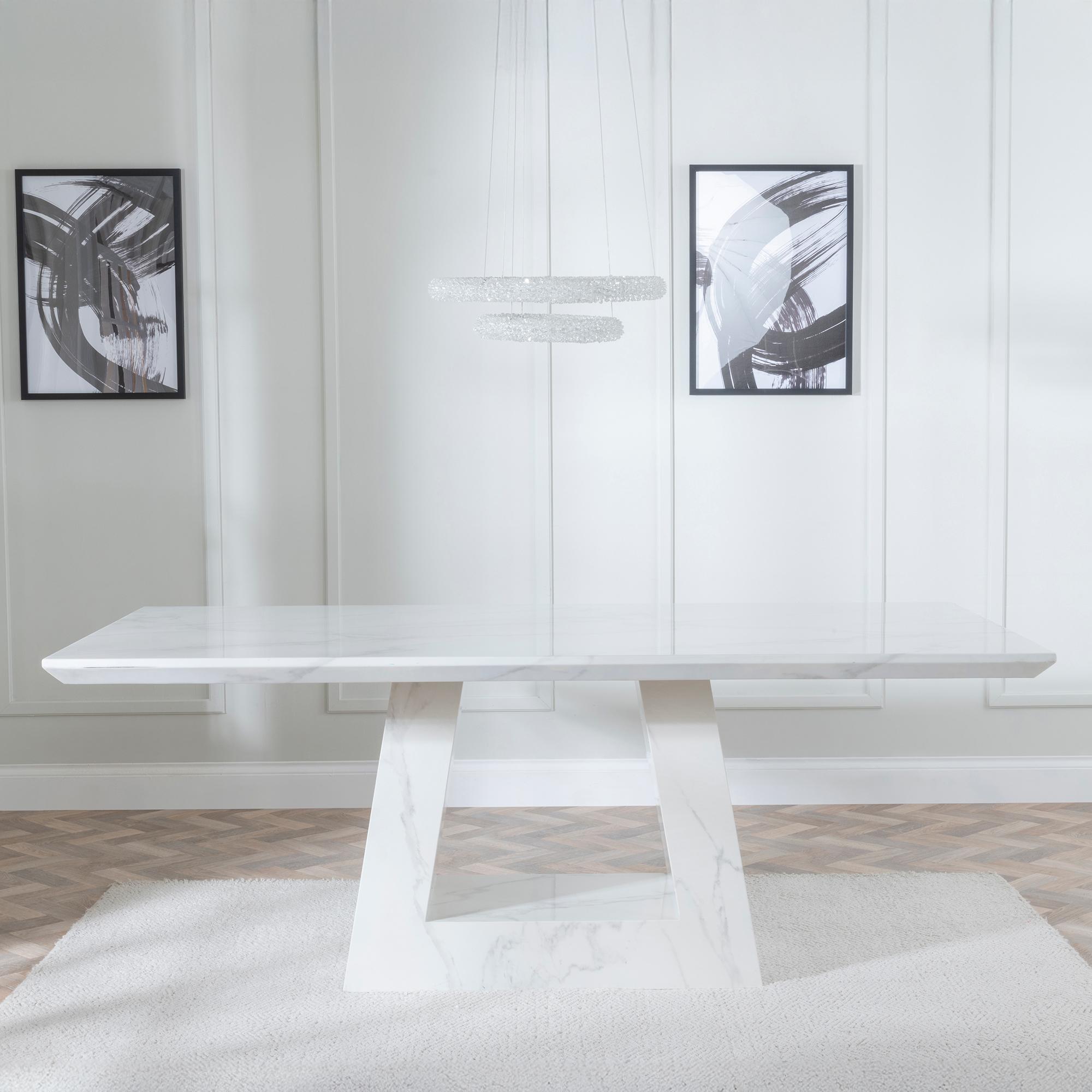 Milan Dining Set - 6 Seater - 160cm - White Marble - Roma Dining Chairs - Black Faux Leather