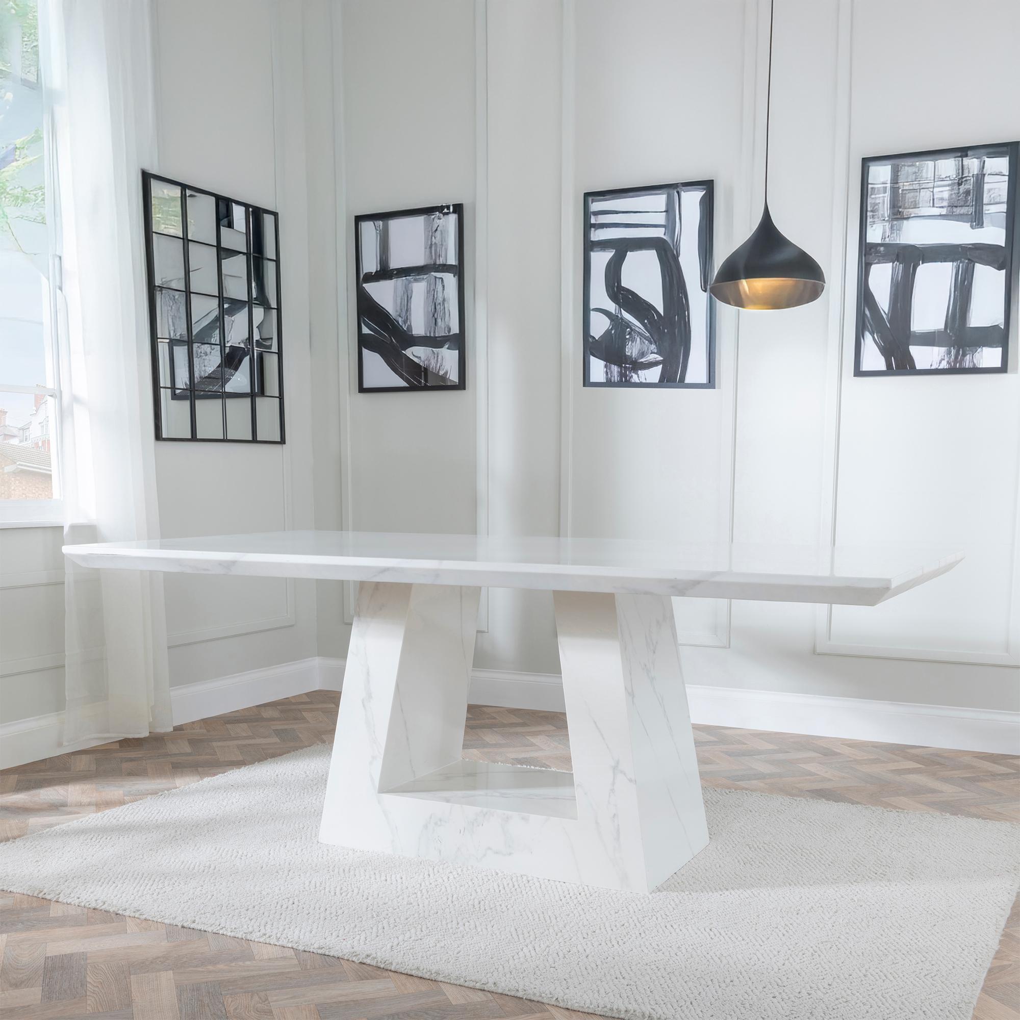 Milan Dining Set - 6 Seater - 160cm - White Marble - Roma Dining Chairs - Black Faux Leather