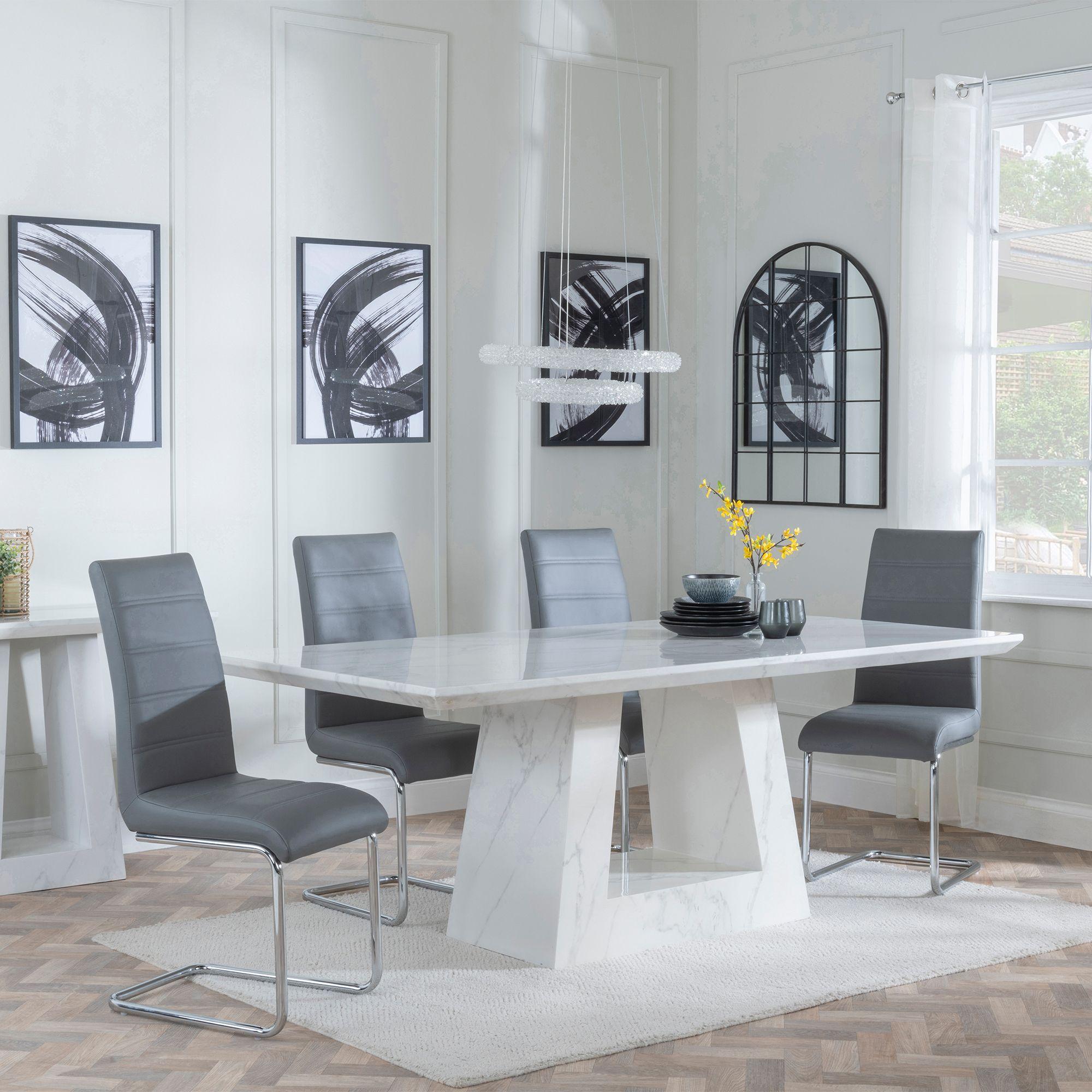 Milan White Marble Dining Set - Roma Grey Faux Leather Dining Chair