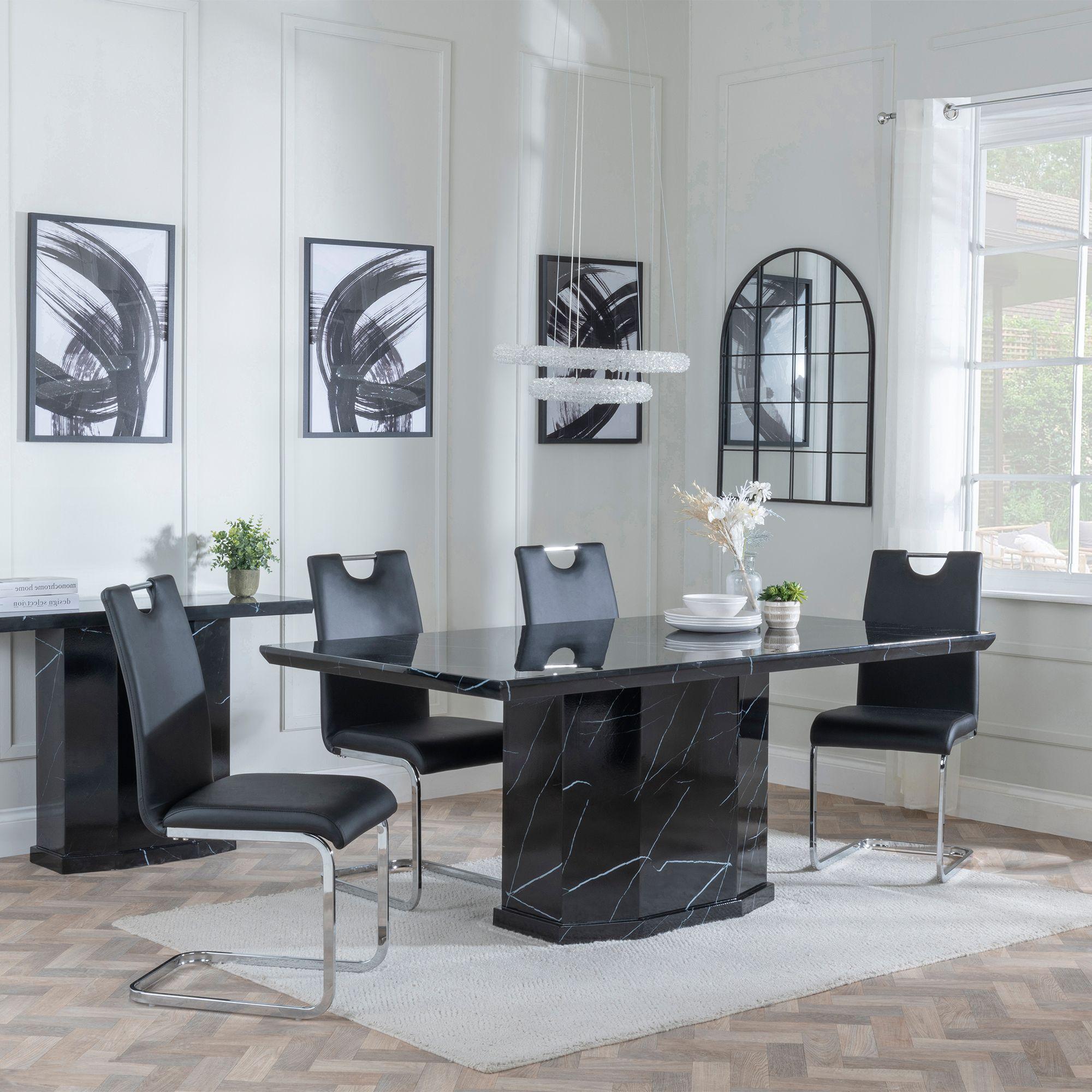 Naples Black Marble Dining Set - Bianco Black Faux Leather Dining Chair
