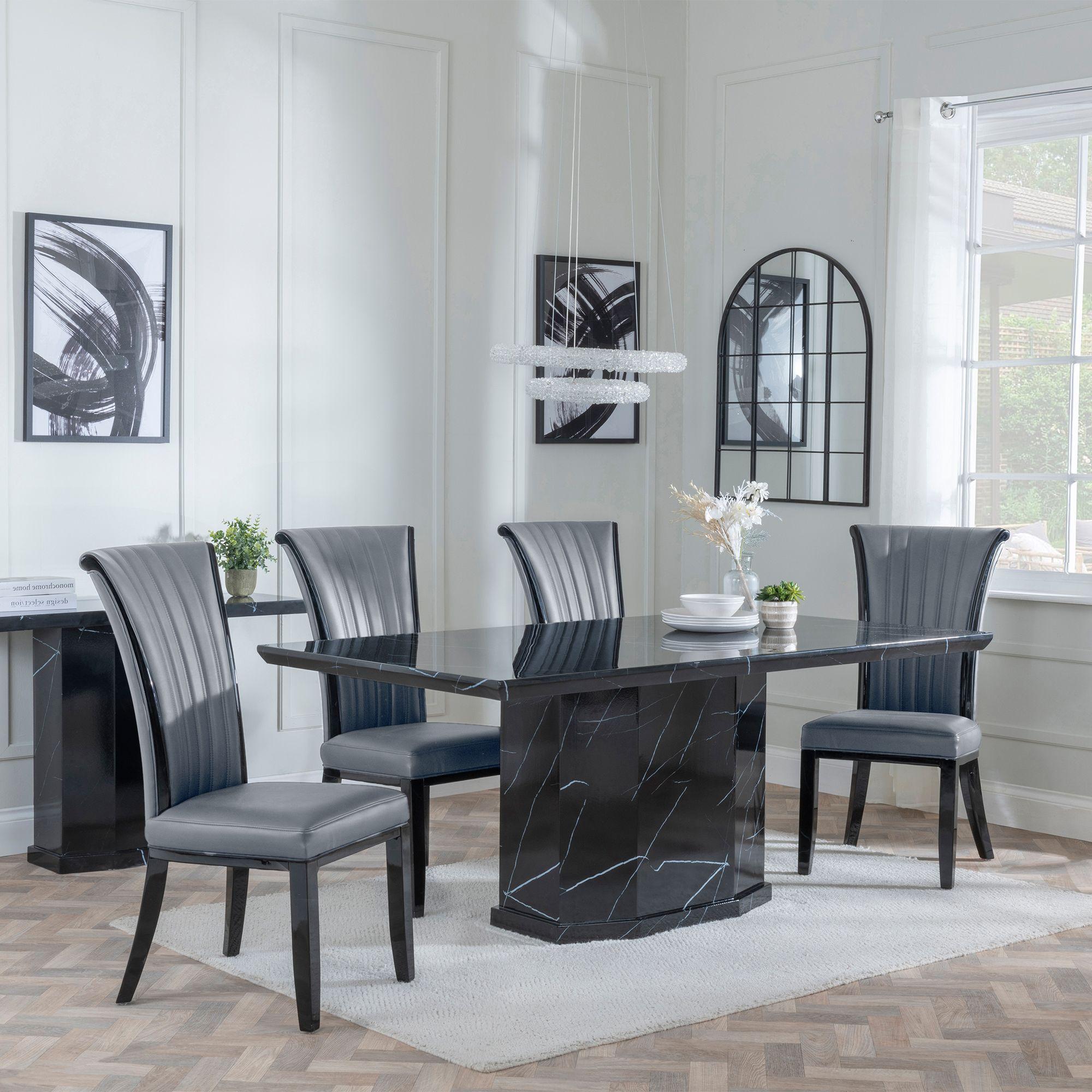 Naples Black Marble Dining Set - Cadiz Grey Leather Dining Chair