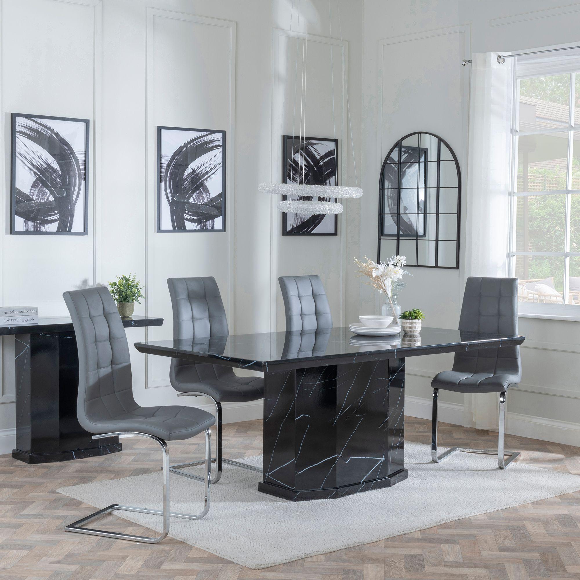 Naples Black Marble Dining Set - Jamison Grey Faux Leather Dining Chair
