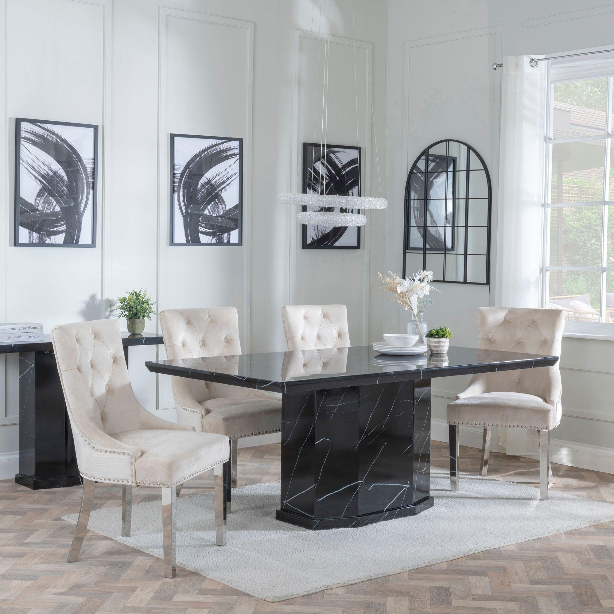 Naples Black Marble Dining Set - Knocker Back Champagne Velvet Fabric Dining Chair with Chrome Legs