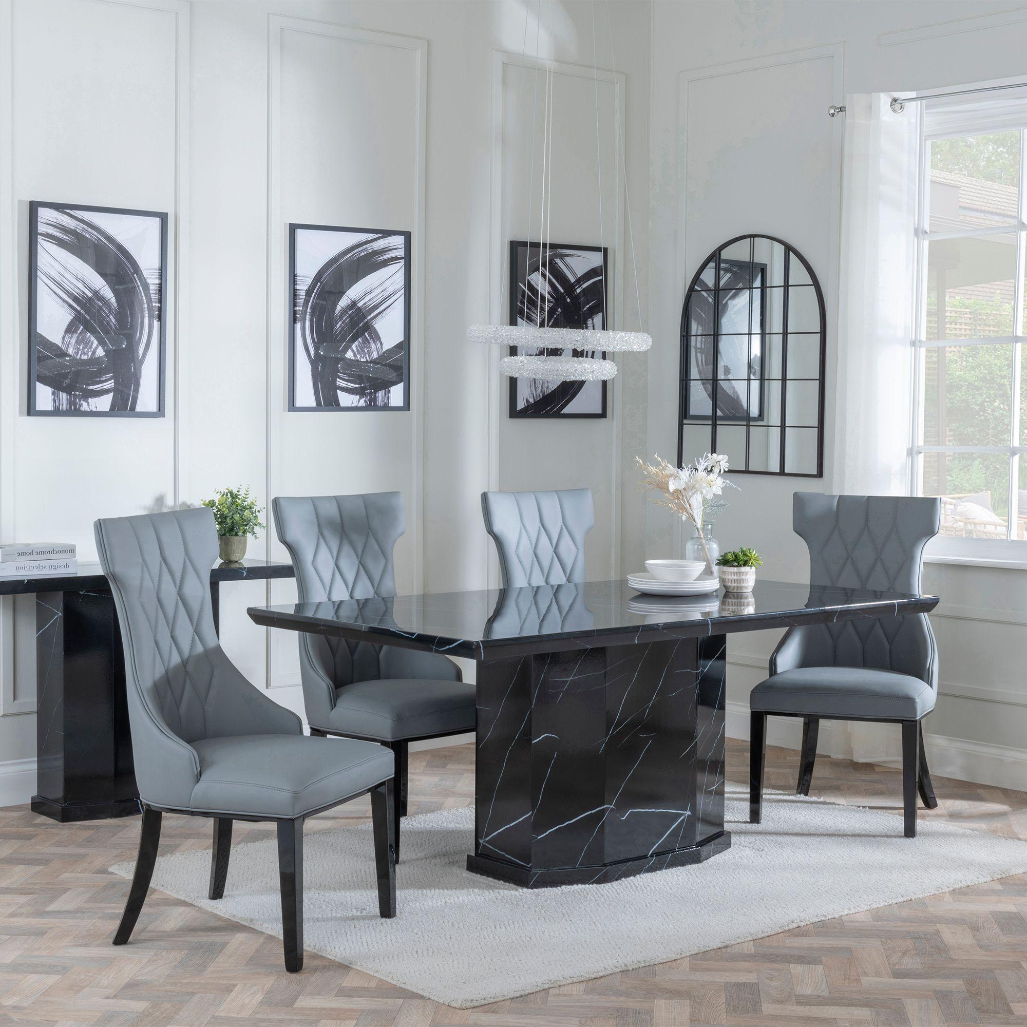 Naples Black Marble Dining Set - Mimi Grey Leather Dining Chair