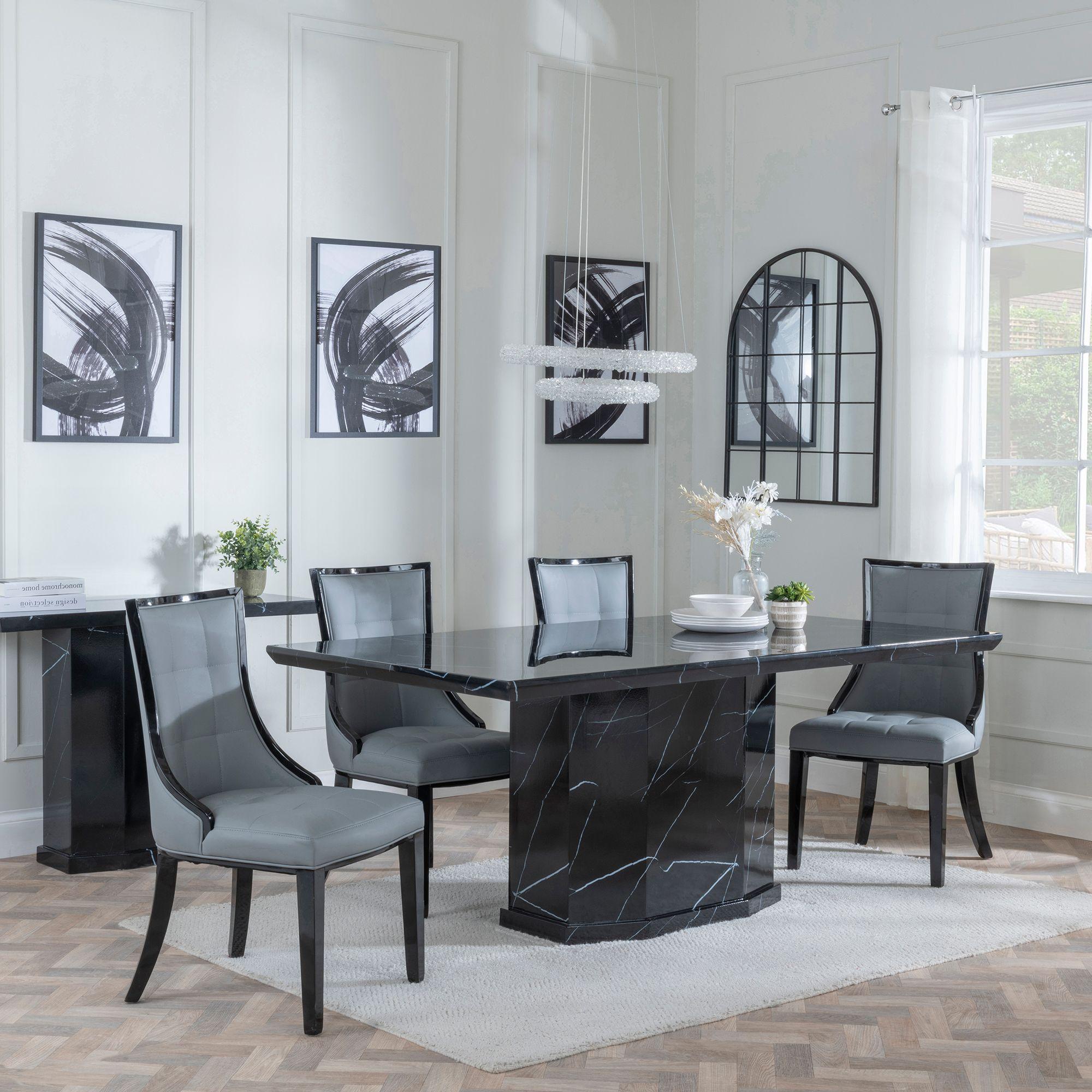 Naples Black Marble Dining Set - Paris Grey Leather Dining Chair with Black Legs