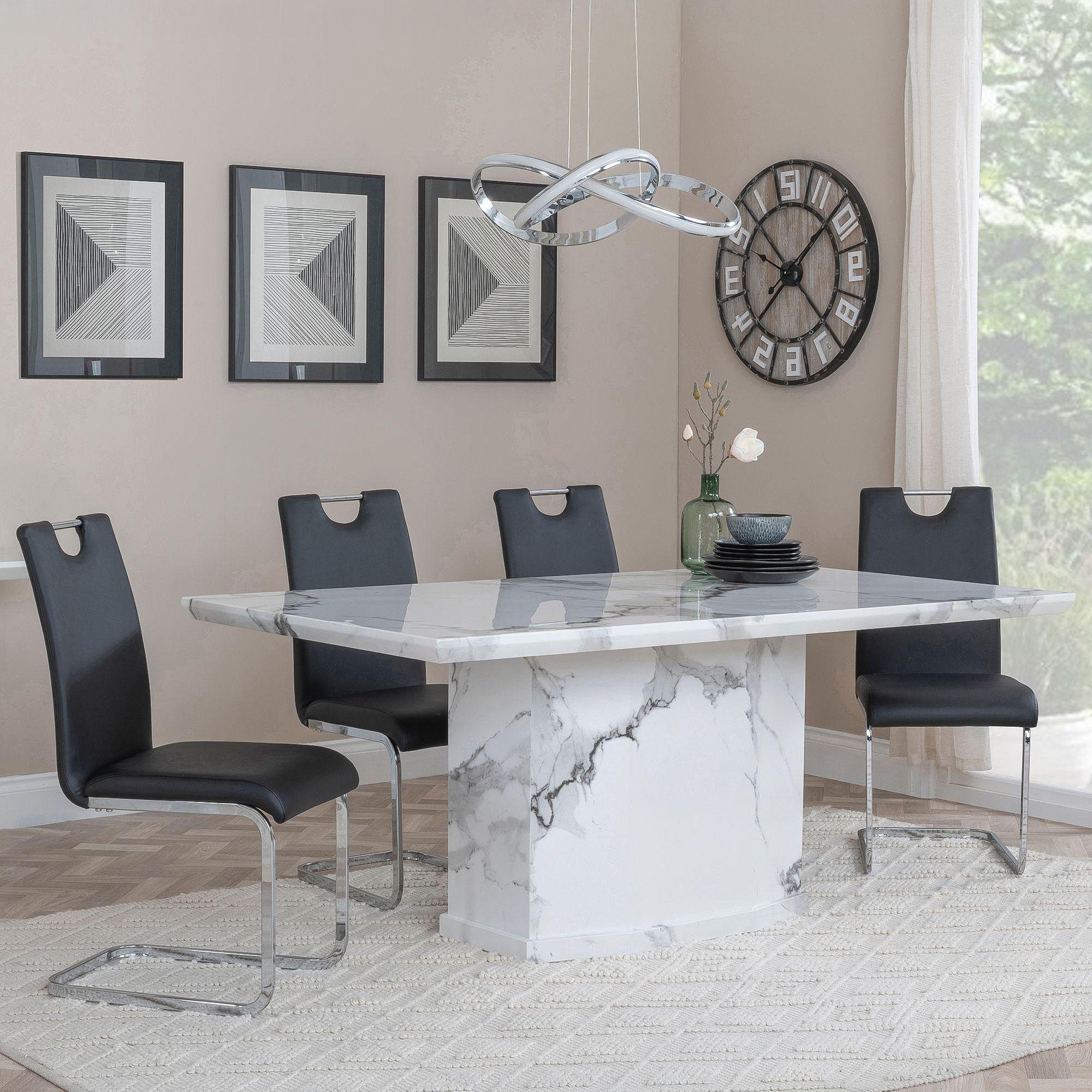 Naples White Marble Dining Set - Bianco Black Faux Leather Dining Chair