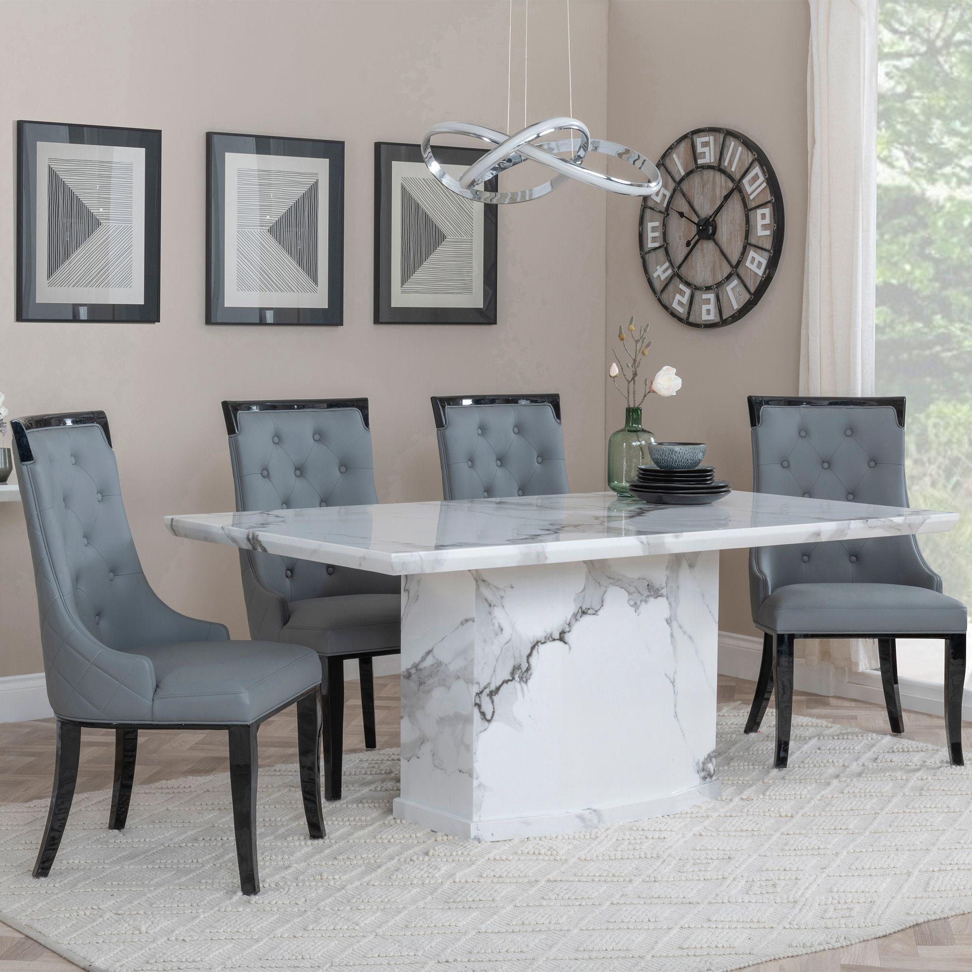 Naples White Marble Dining Set - Carmela Grey Leather Dining Chair