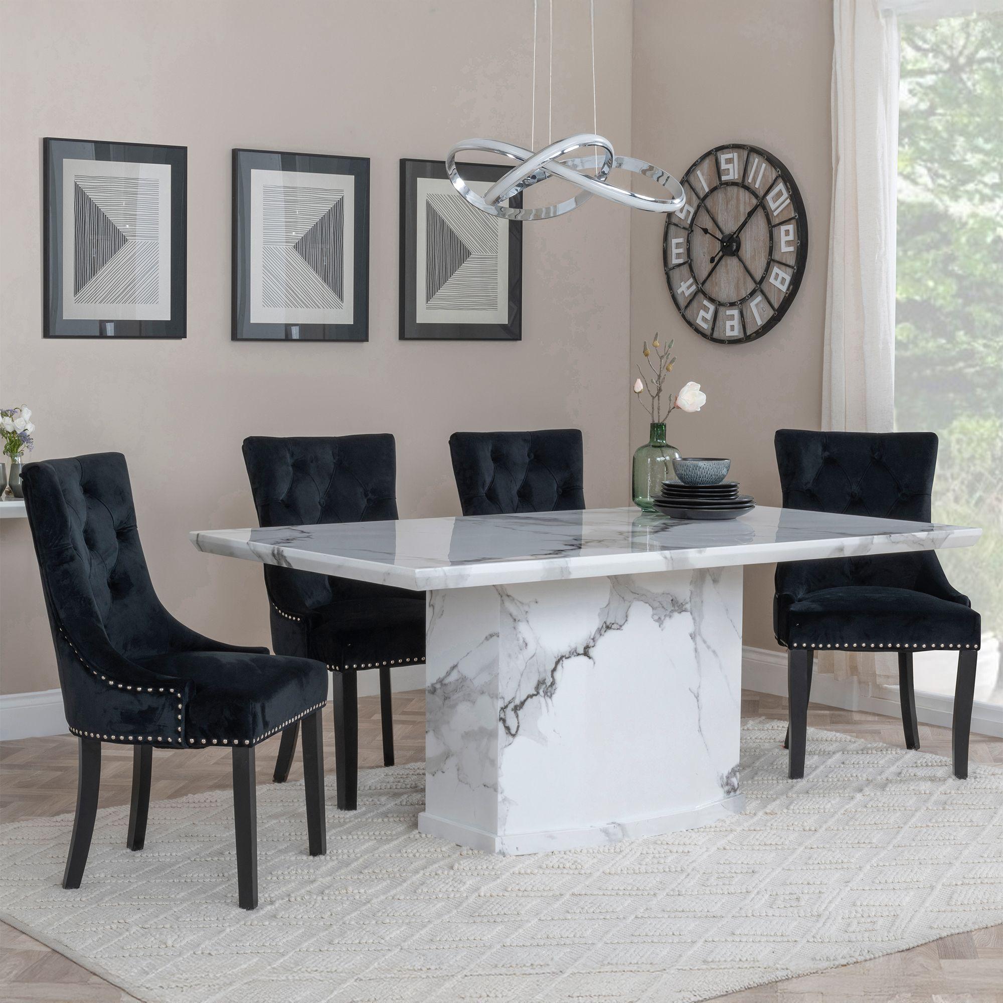 Naples White Marble Dining Set - Knocker Back Black Velvet Fabric Dining Chair with Black Wooden Legs