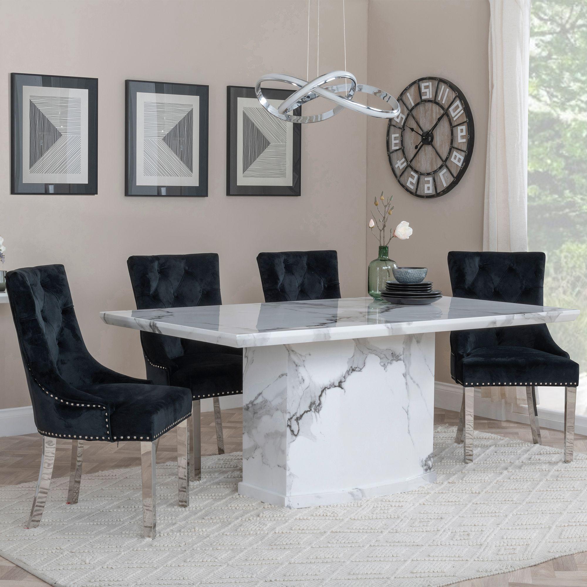 Naples White Marble Dining Set - Knocker Back Black Velvet Fabric Dining Chair with Chrome Legs