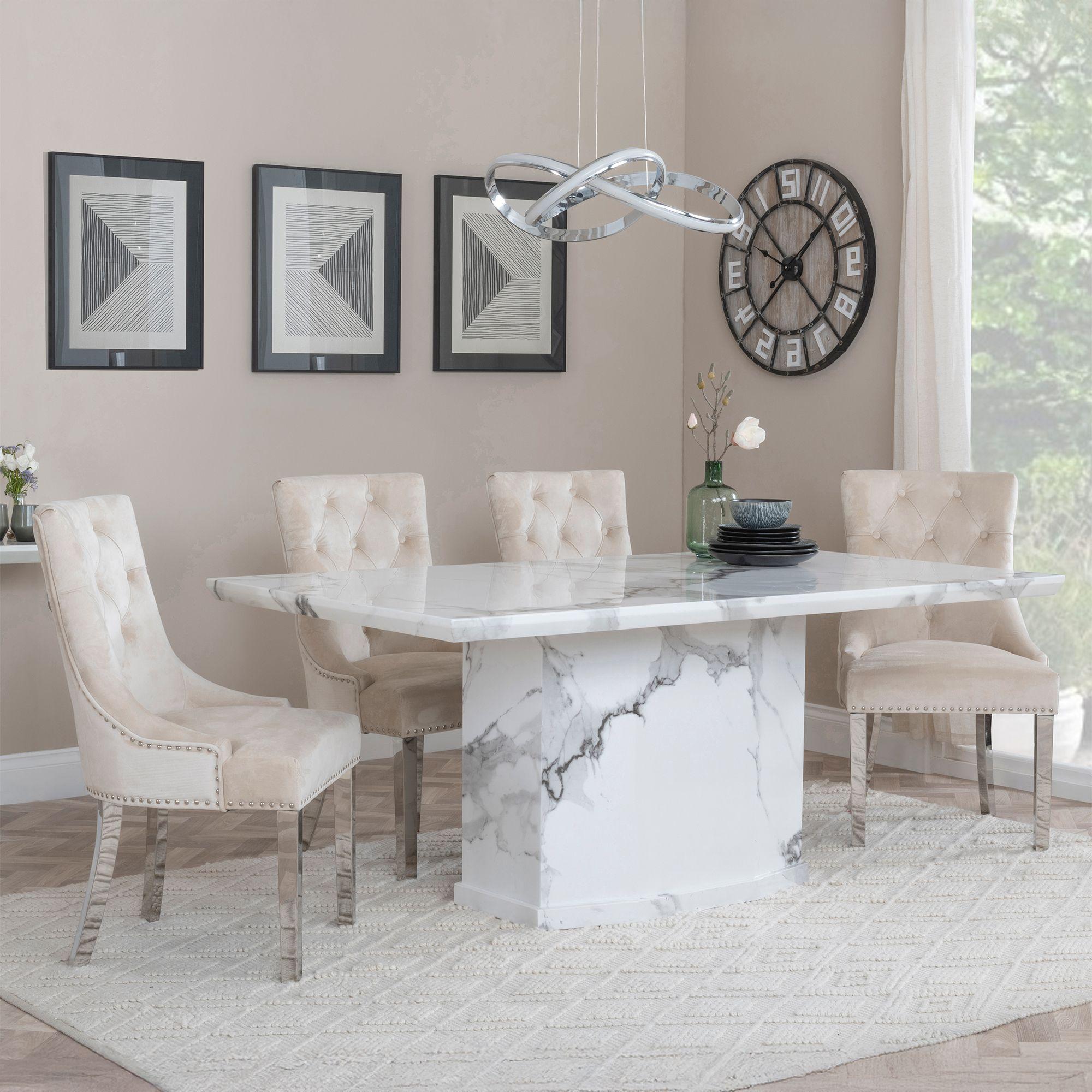 Naples White Marble Dining Set - Knocker Back Champagne Velvet Fabric Dining Chair with Chrome Legs