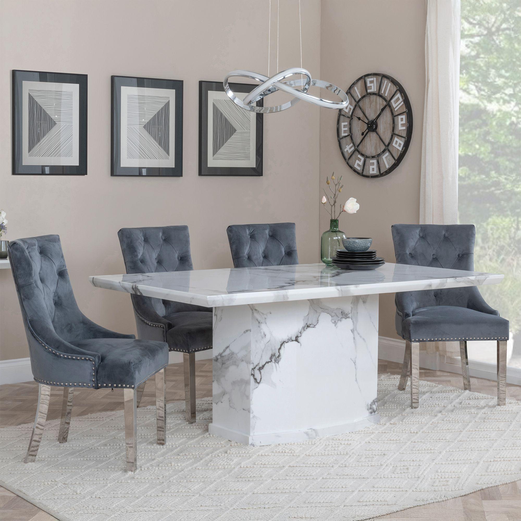 Naples White Marble Dining Set - Knocker Back Grey Velvet Fabric Dining Chair with Chrome Legs