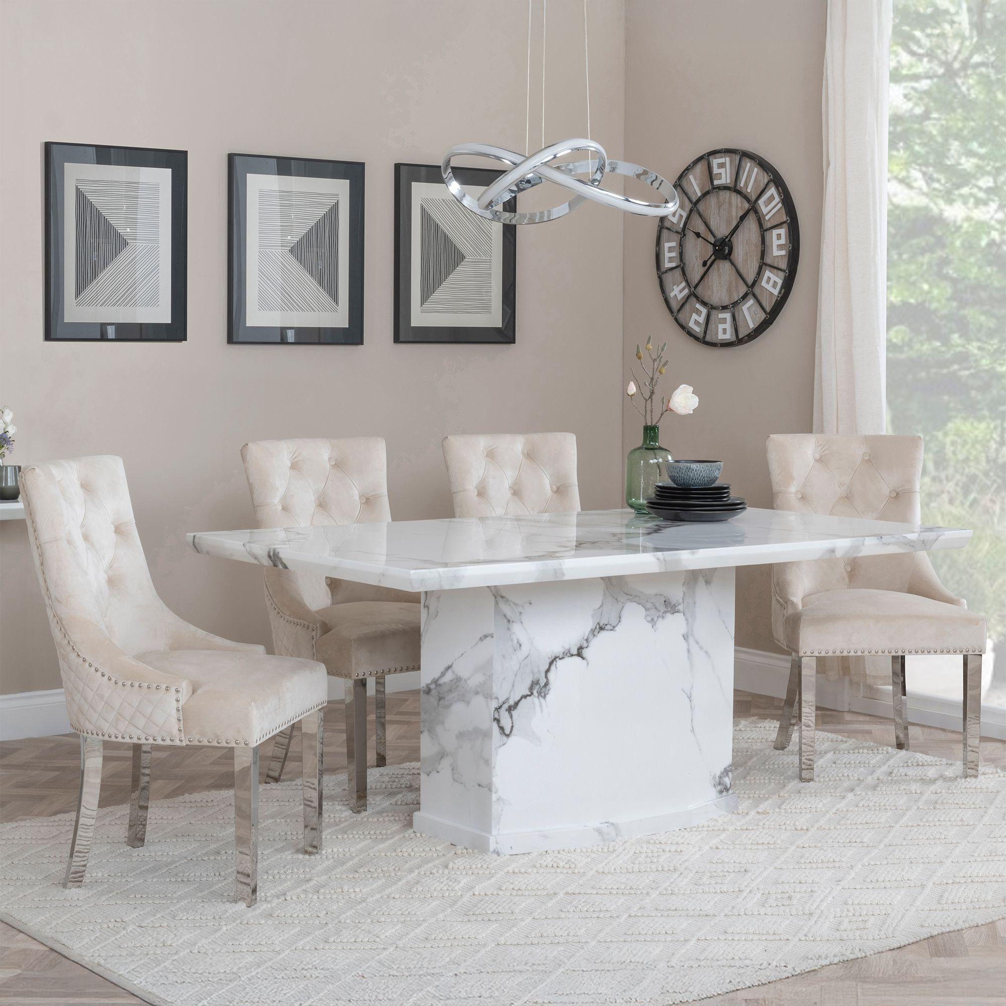 Naples White Marble Dining Set - Lion Knocker Back Champagne Velvet Fabric Dining Chair with Chrome Legs