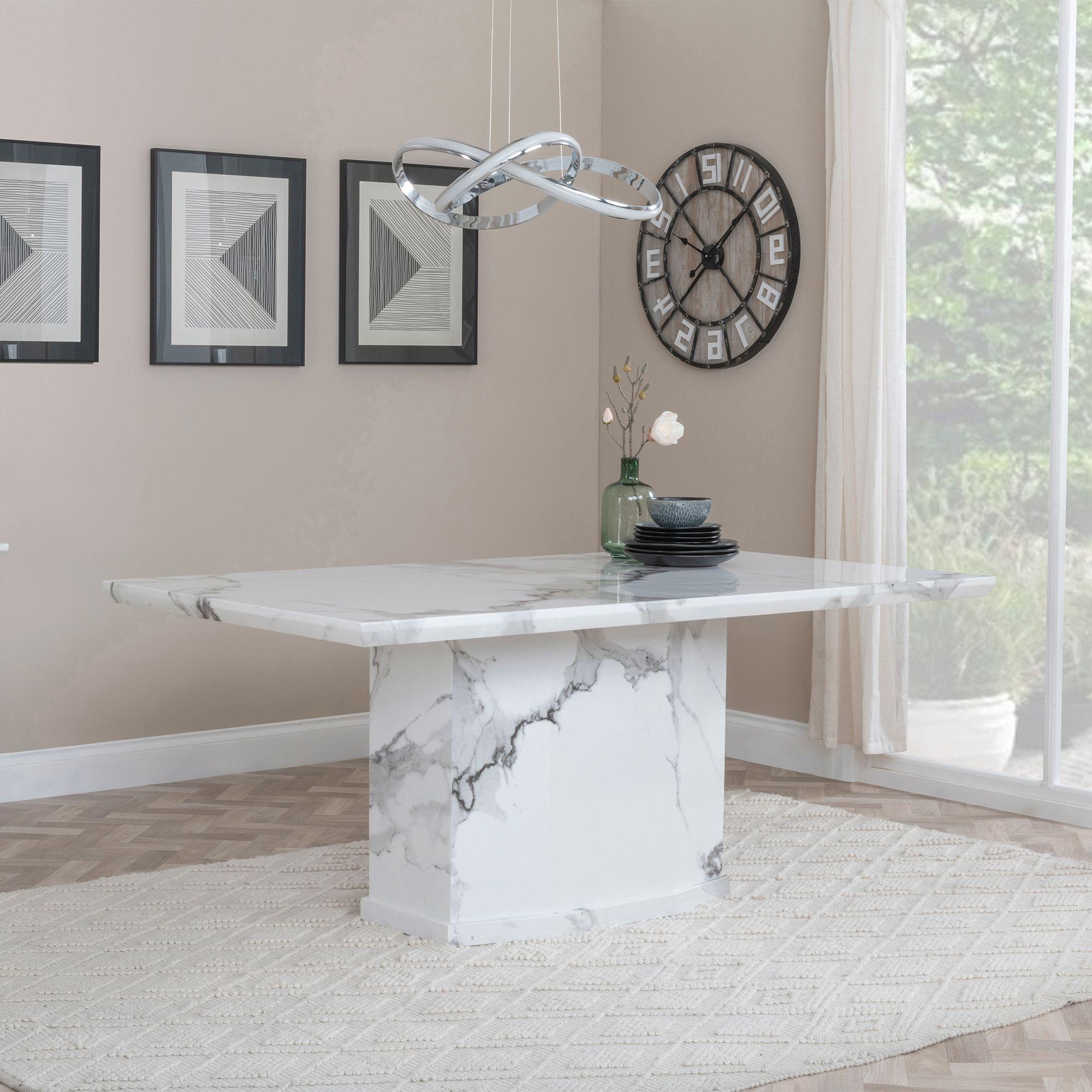 Naples Dining Set - 6 Seater - 160cm - White Marble - Lion Knocker Back Dining Chairs - Grey Velvet Fabric - Chrome Legs