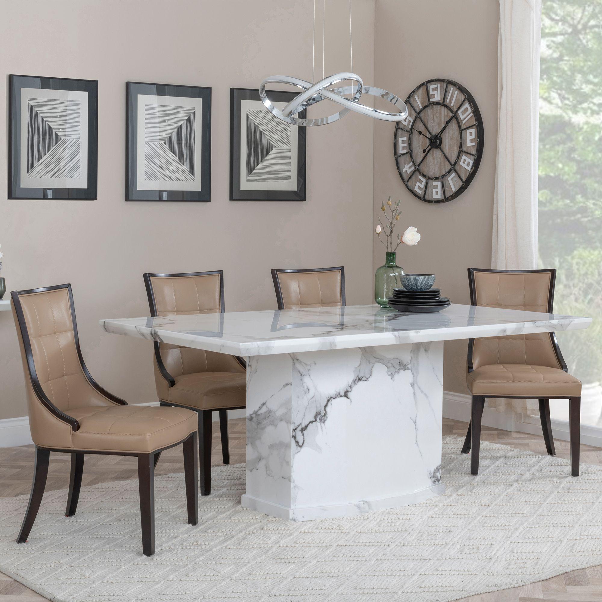 Naples White Marble Dining Set - Paris Taupe Leather Dining Chair with Brown Legs