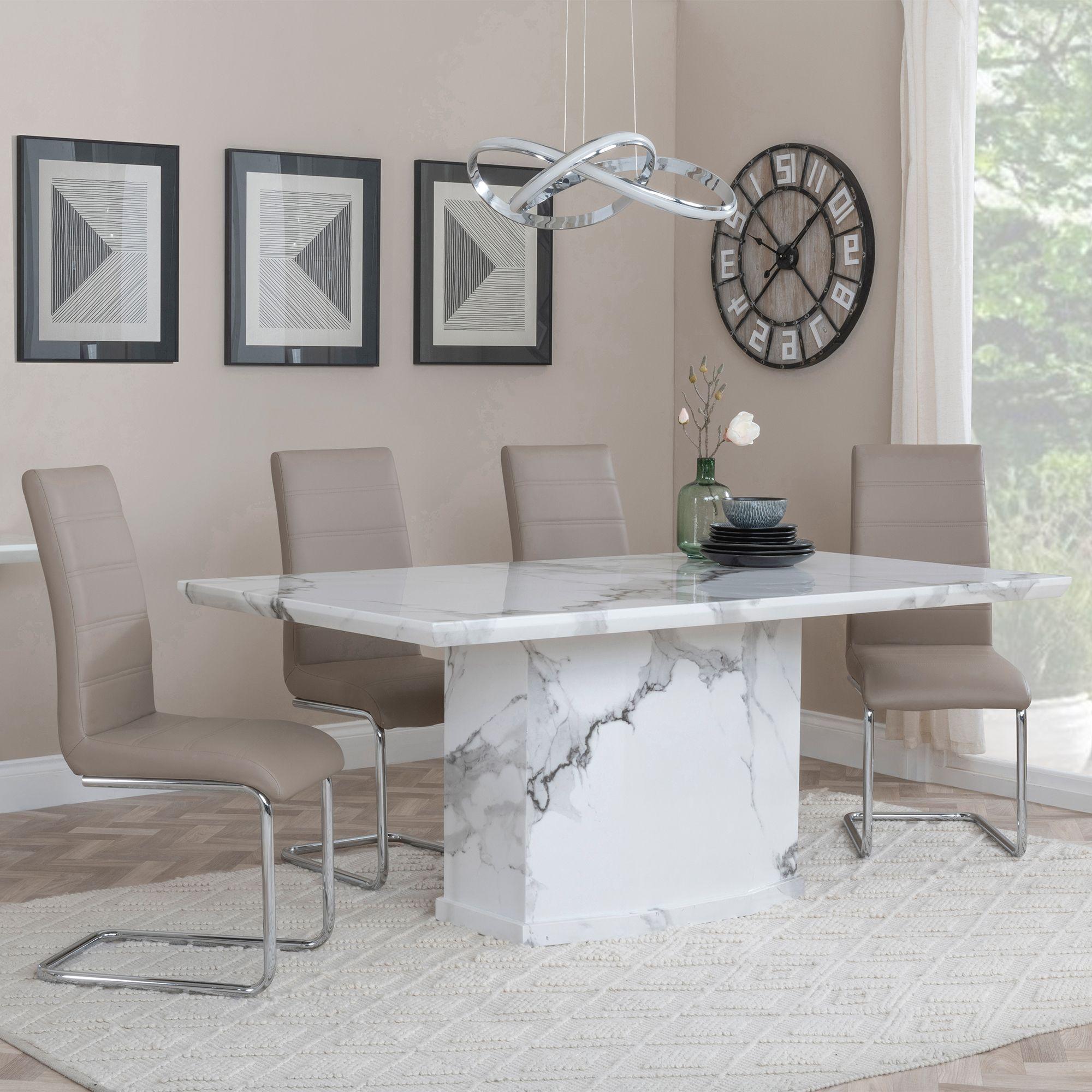 Naples White Marble Dining Set - Roma Beige Faux Leather Dining Chair