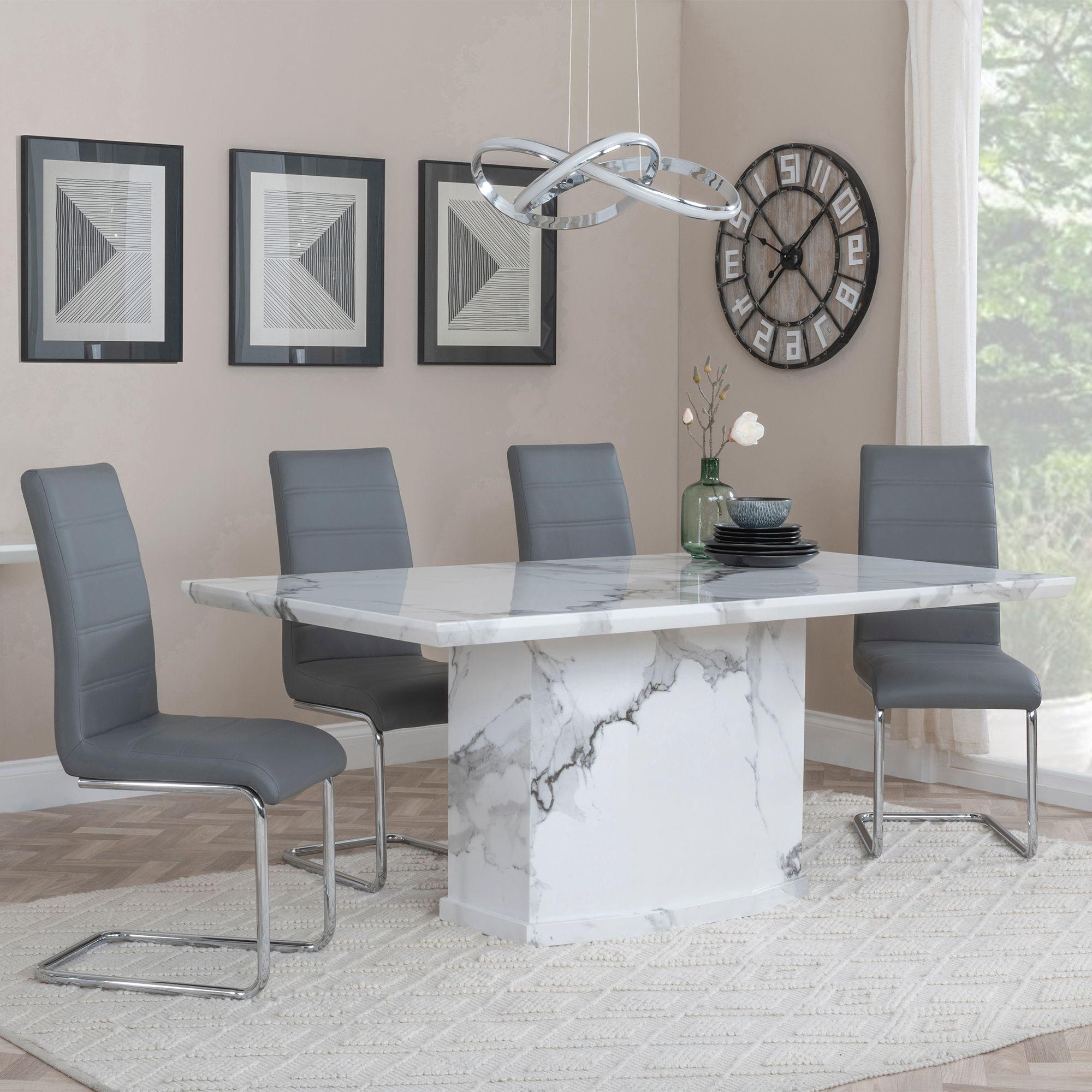 Naples White Marble Dining Set - Roma Grey Faux Leather Dining Chair