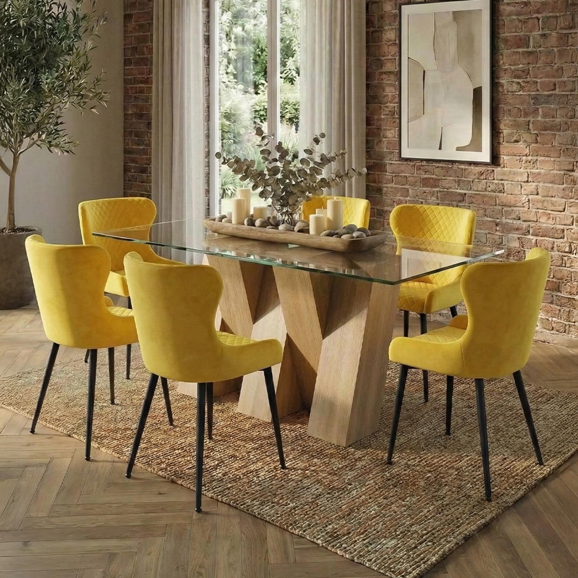 Newton Dining Set - 6 Seater - 180cm - Clear Glass and Natural - 6 Langley Yellow Fabric Chair