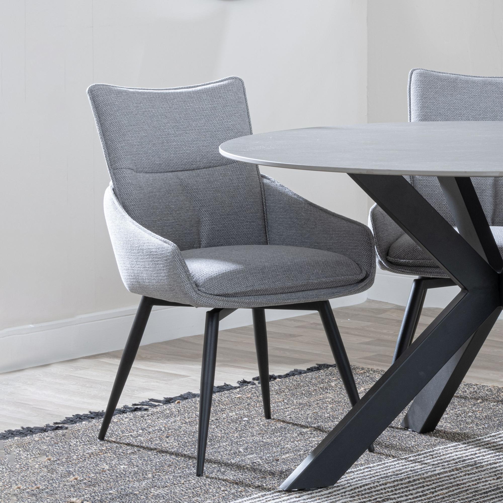 Novara Dining Set - 4 Seater - 130cm - Round - Grey Ceramic - 4x Ace Dining Chairs - Grey Fabric - Swivel